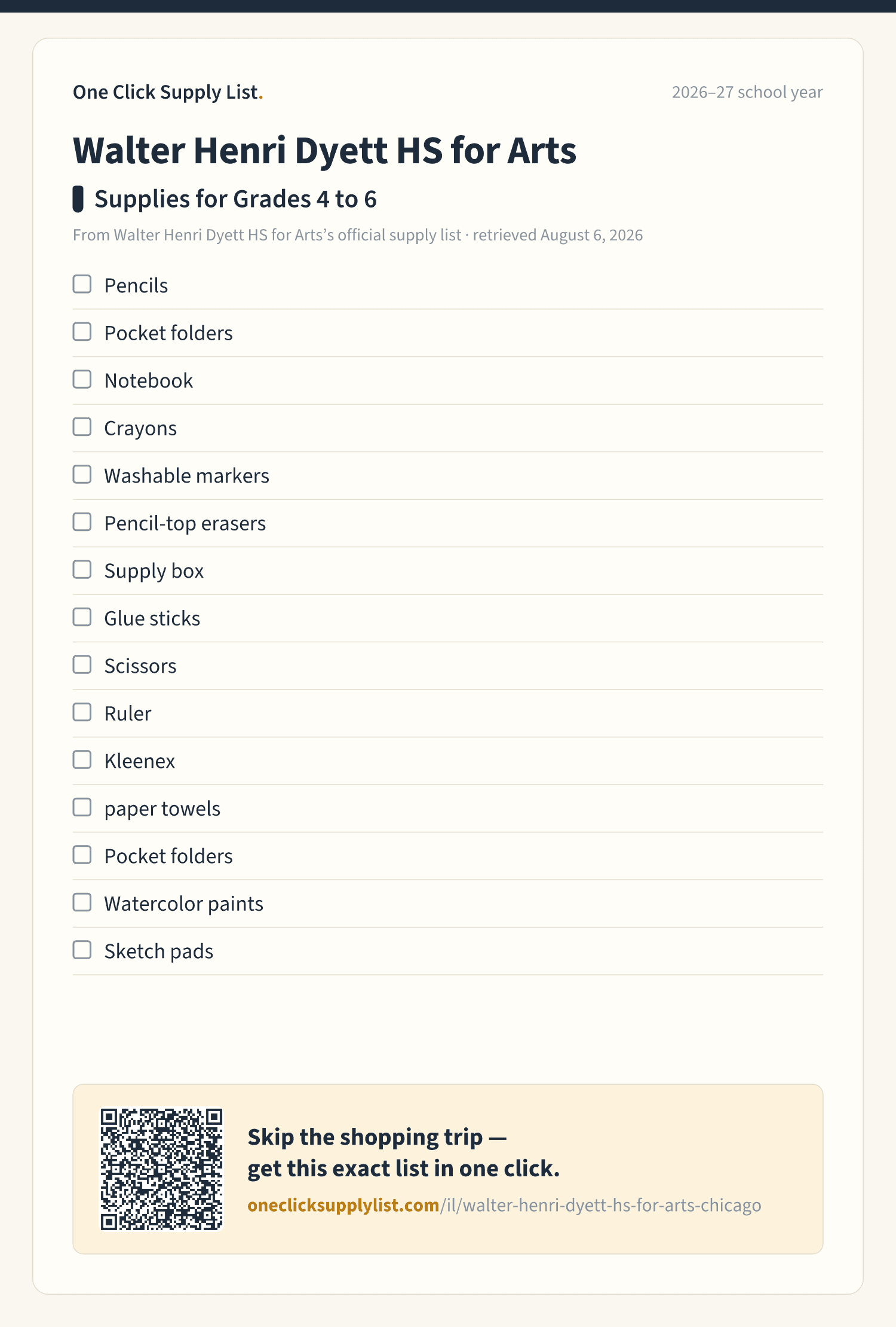 Walter Henri Dyett HS for Arts Supplies for Grades 4 to 6 supply list — printable image