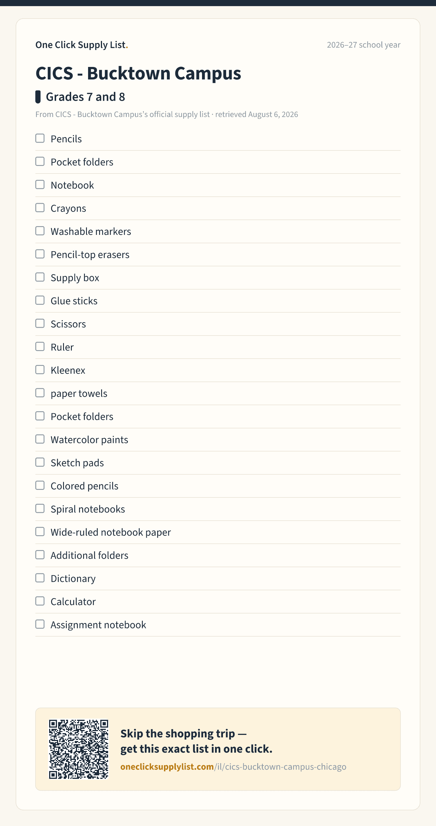 CICS - Bucktown Campus Grades 7 and 8 supply list — printable image