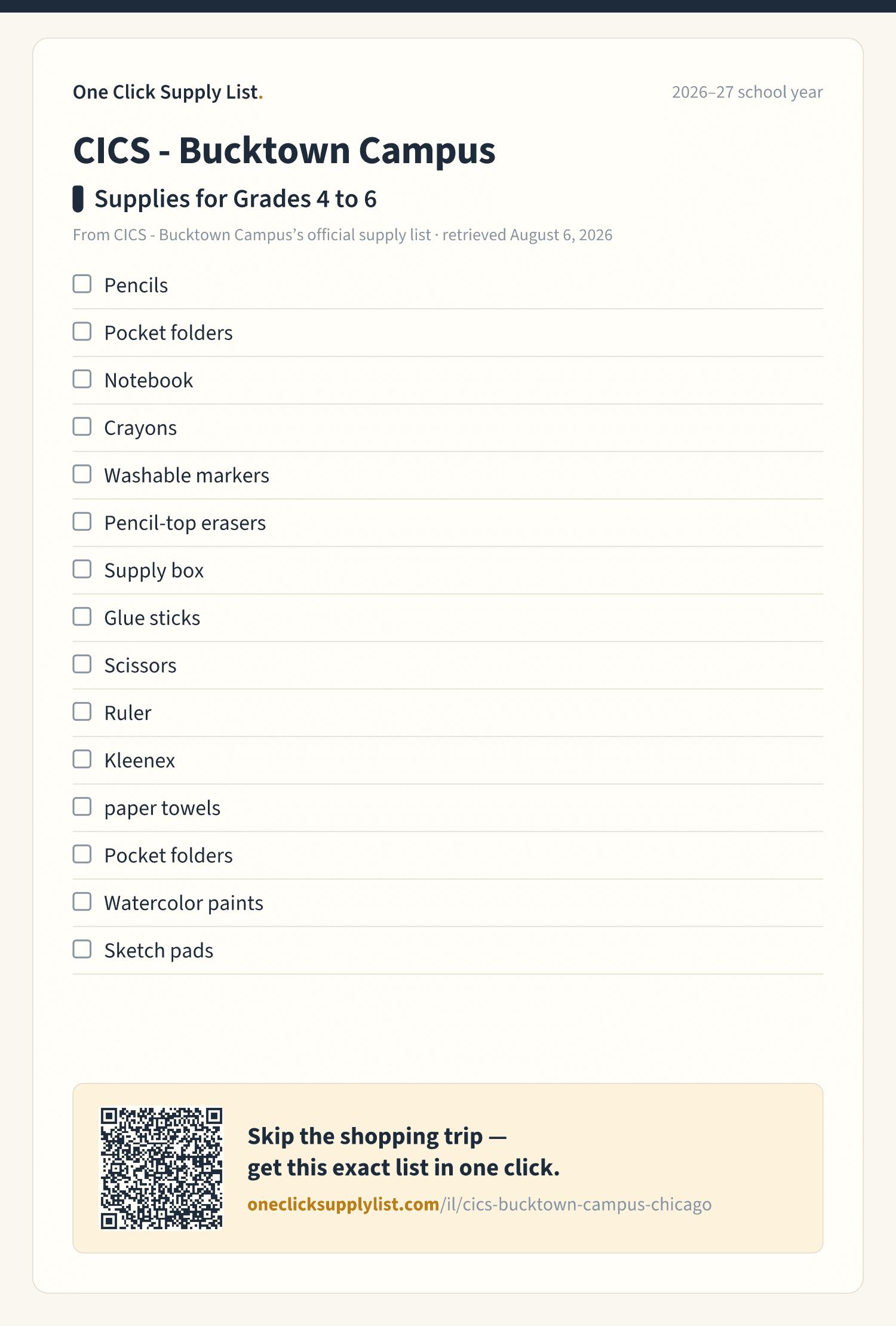 CICS - Bucktown Campus Supplies for Grades 4 to 6 supply list — printable image