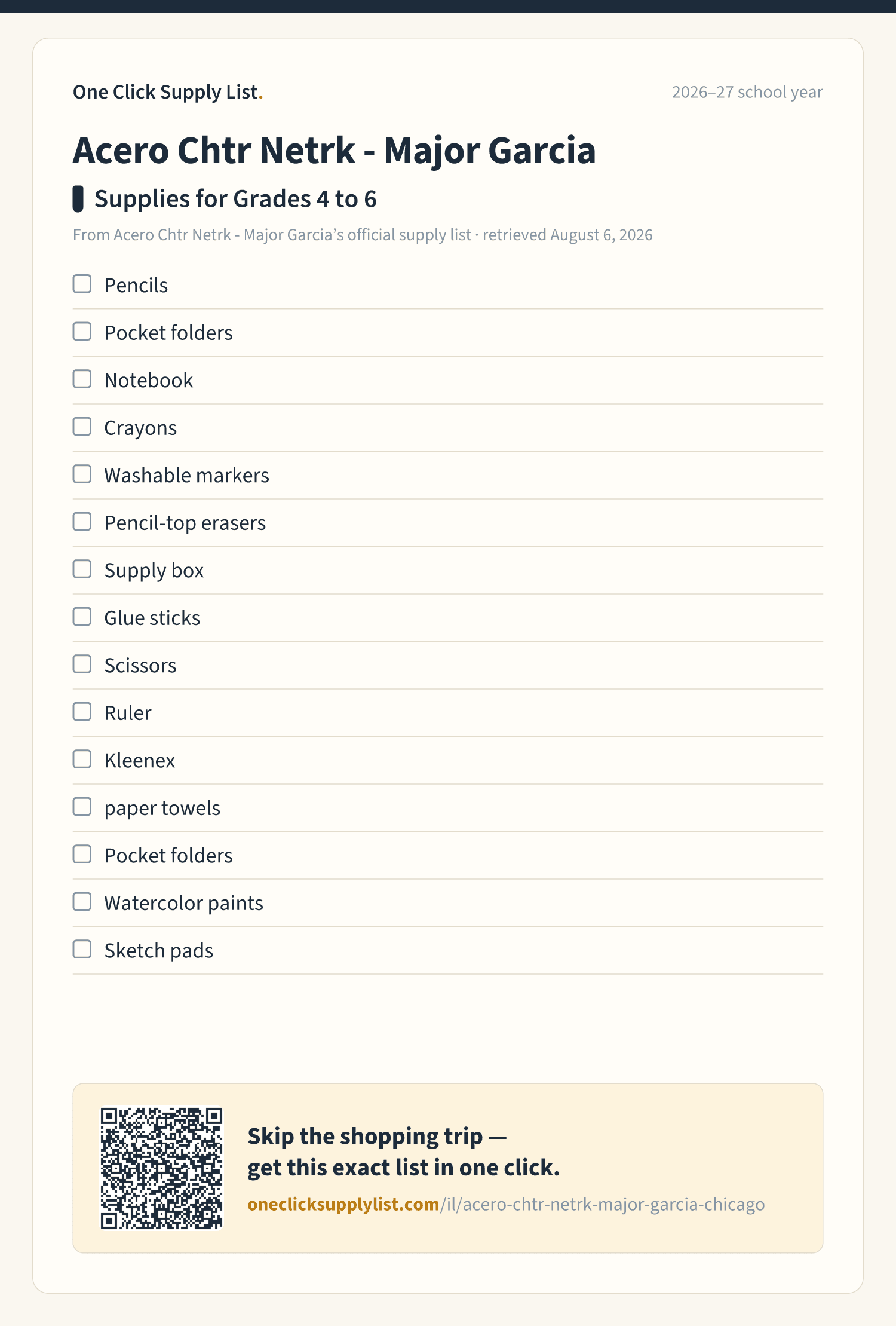 Acero Chtr Netrk -  Major Garcia Supplies for Grades 4 to 6 supply list — printable image