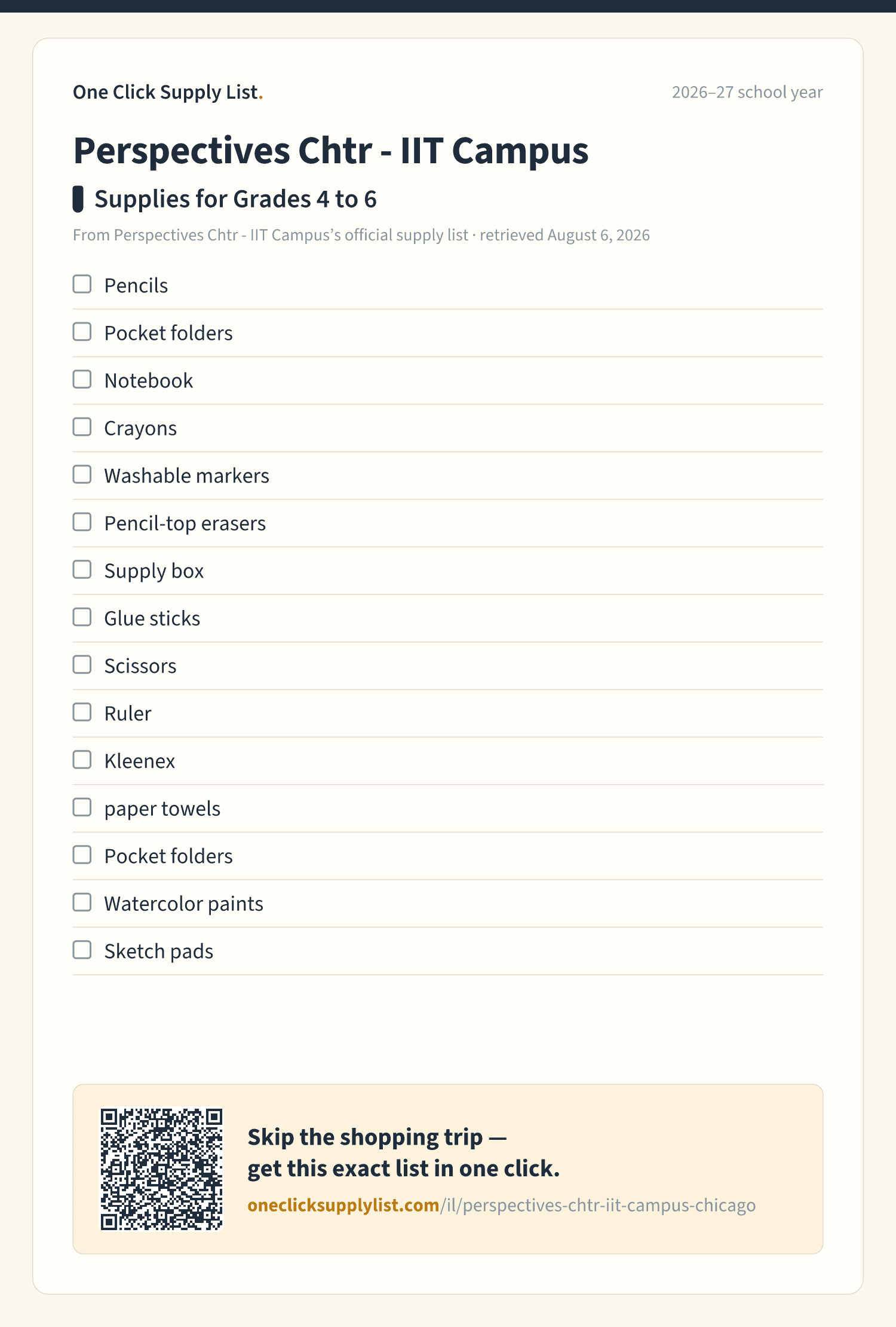 Perspectives Chtr -  IIT Campus Supplies for Grades 4 to 6 supply list — printable image