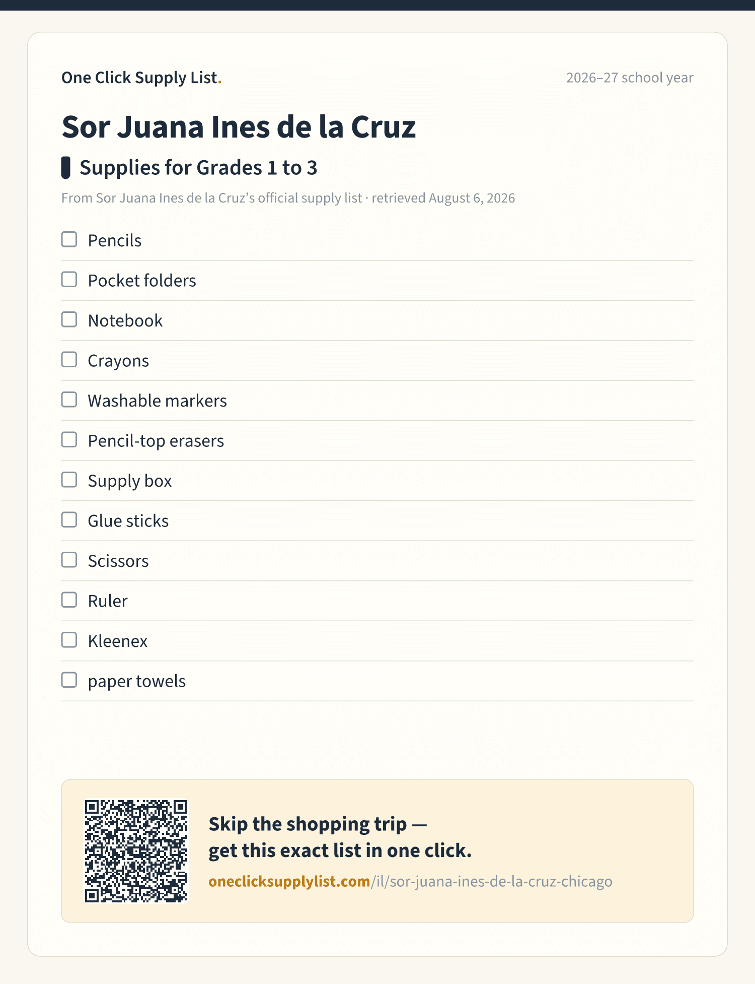 Sor Juana Ines de la Cruz Supplies for Grades 1 to 3 supply list — printable image