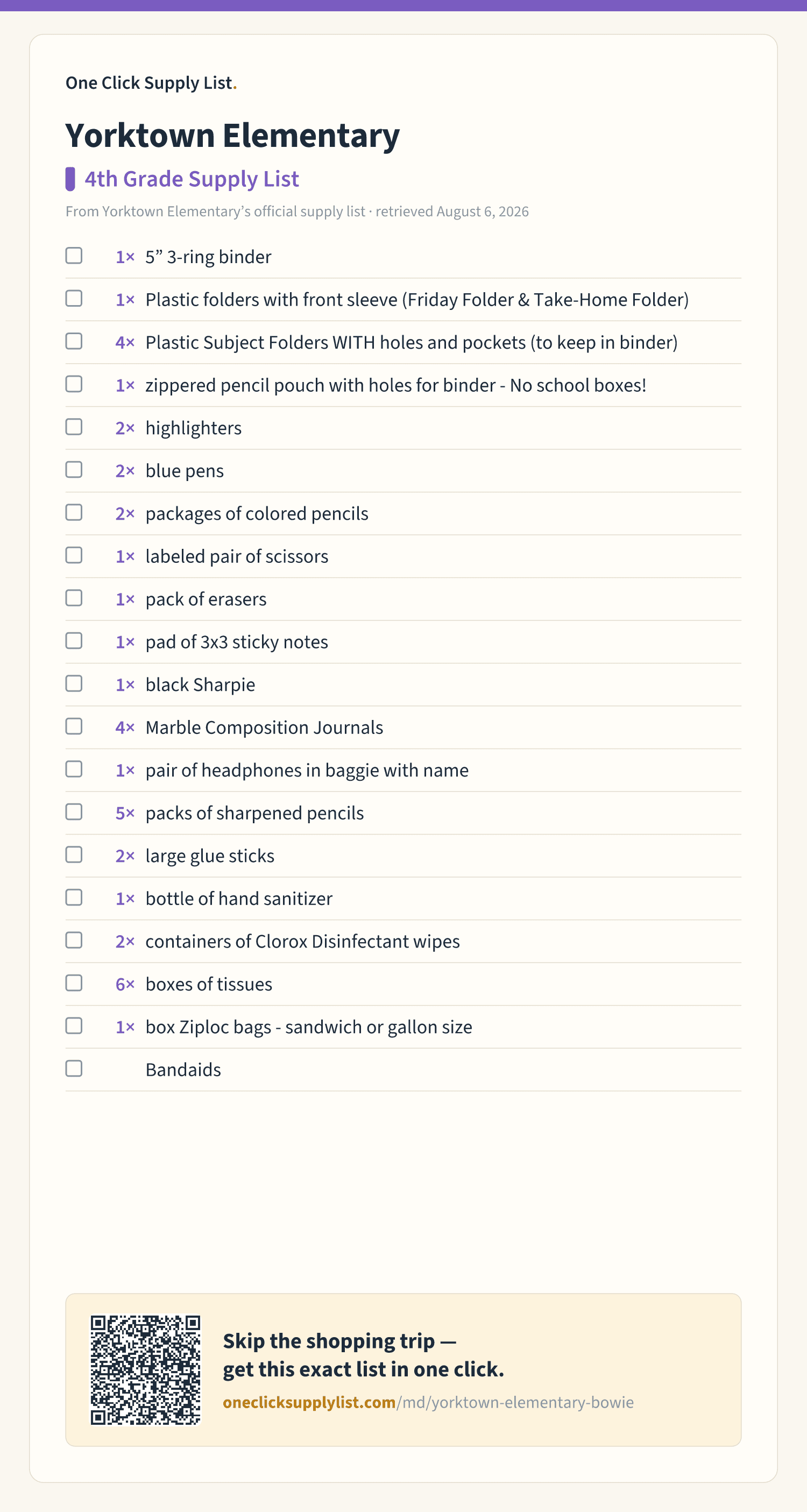 Yorktown Elementary 4th Grade Supply List supply list — printable image