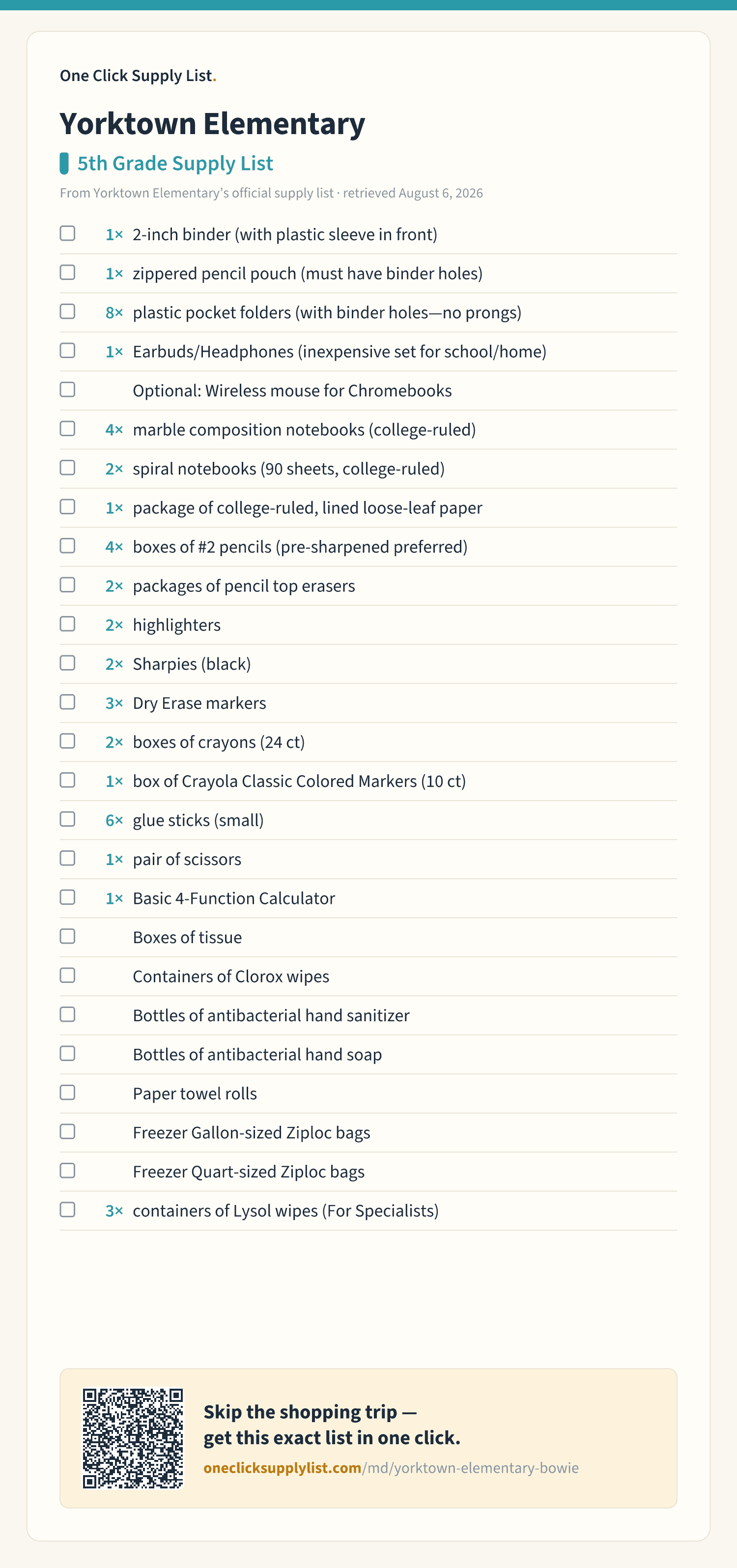 Yorktown Elementary 5th Grade Supply List supply list — printable image