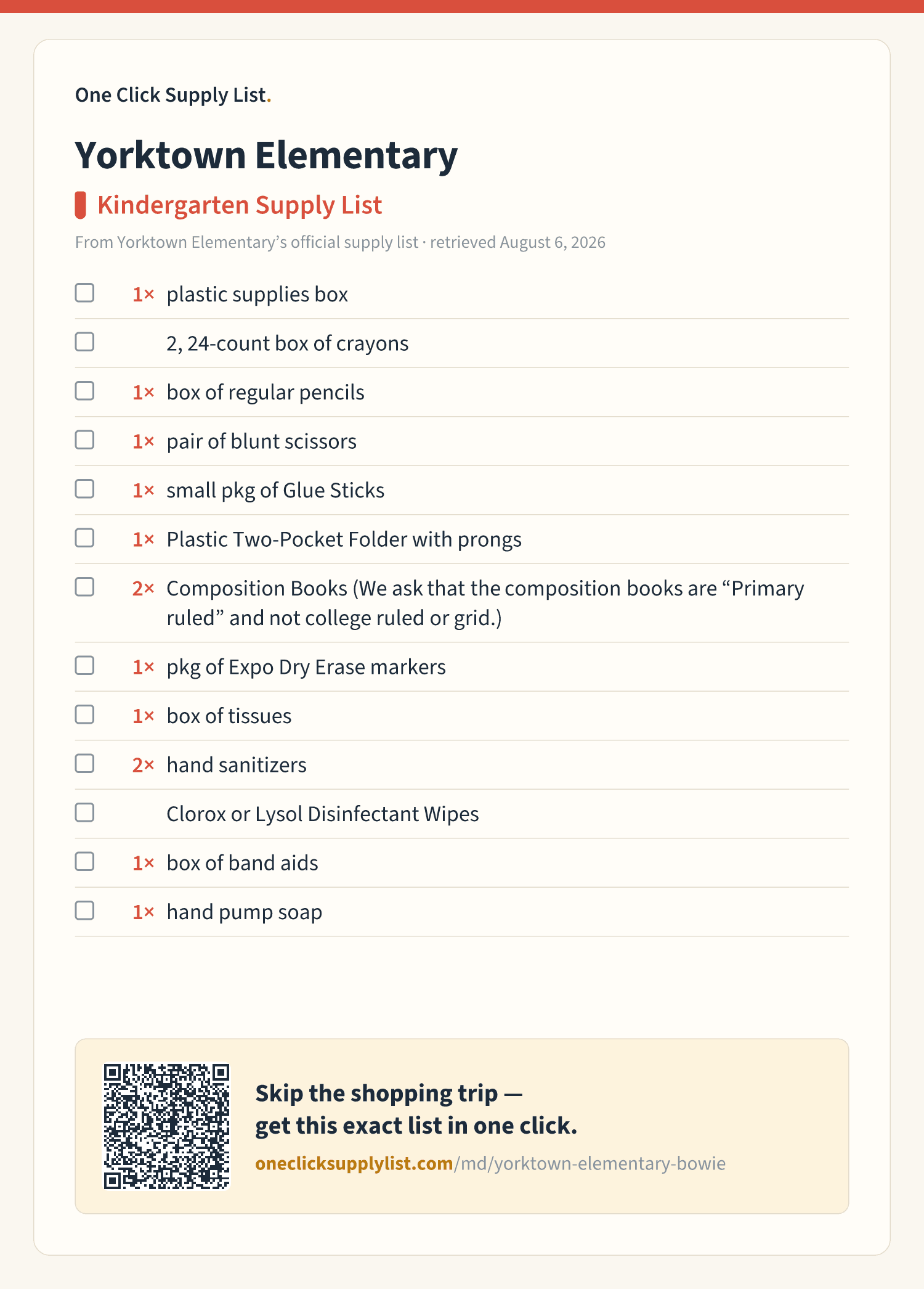 Yorktown Elementary Kindergarten Supply List supply list — printable image