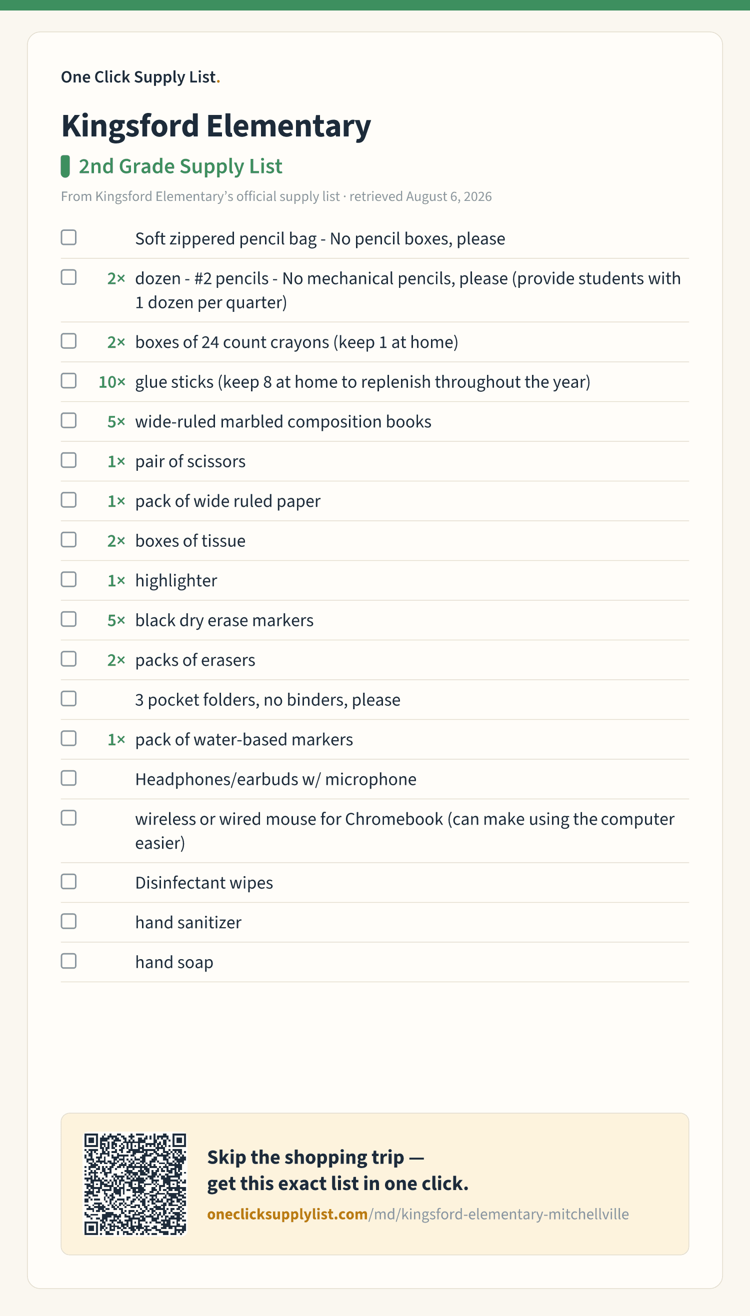 Kingsford Elementary 2nd Grade Supply List supply list — printable image