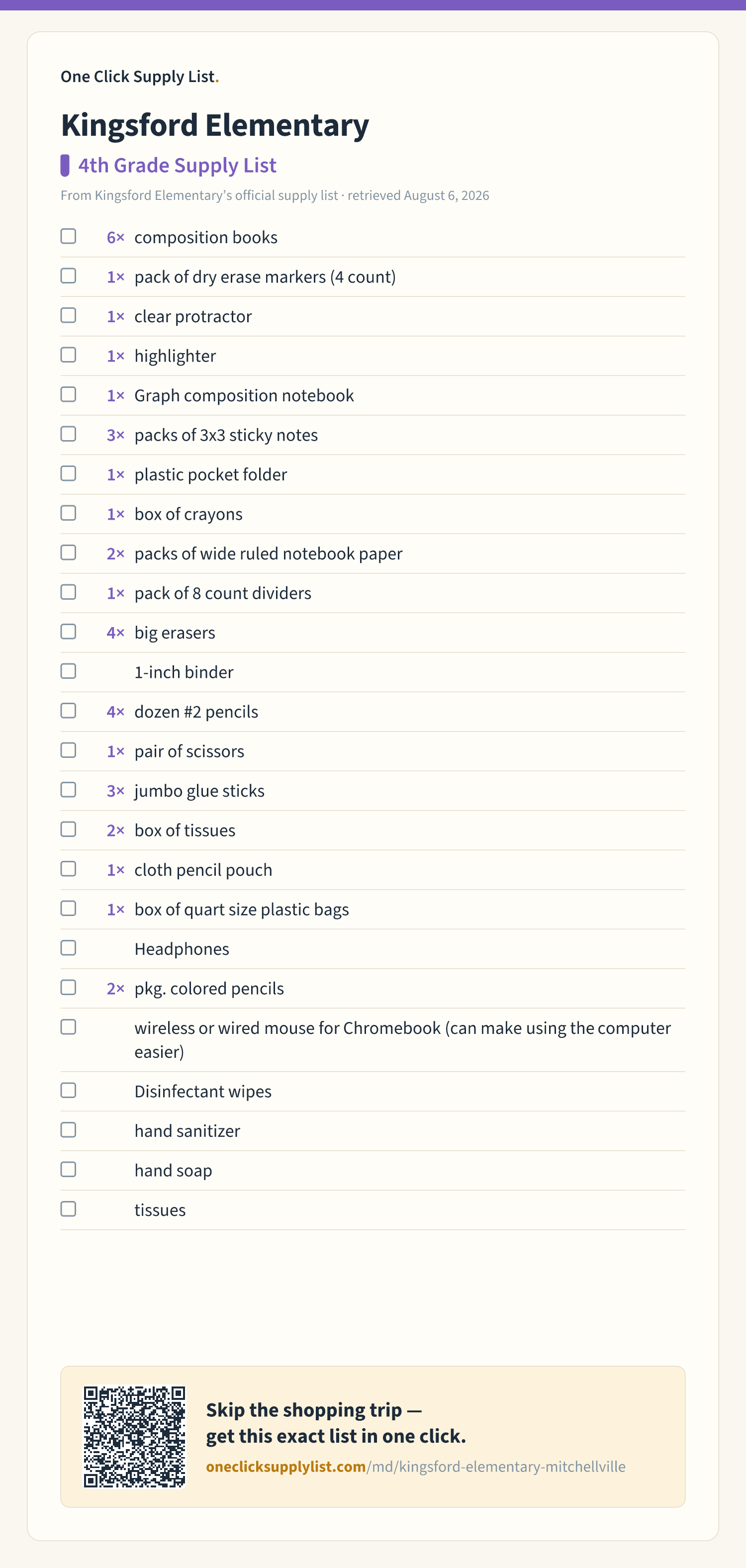 Kingsford Elementary 4th Grade Supply List supply list — printable image