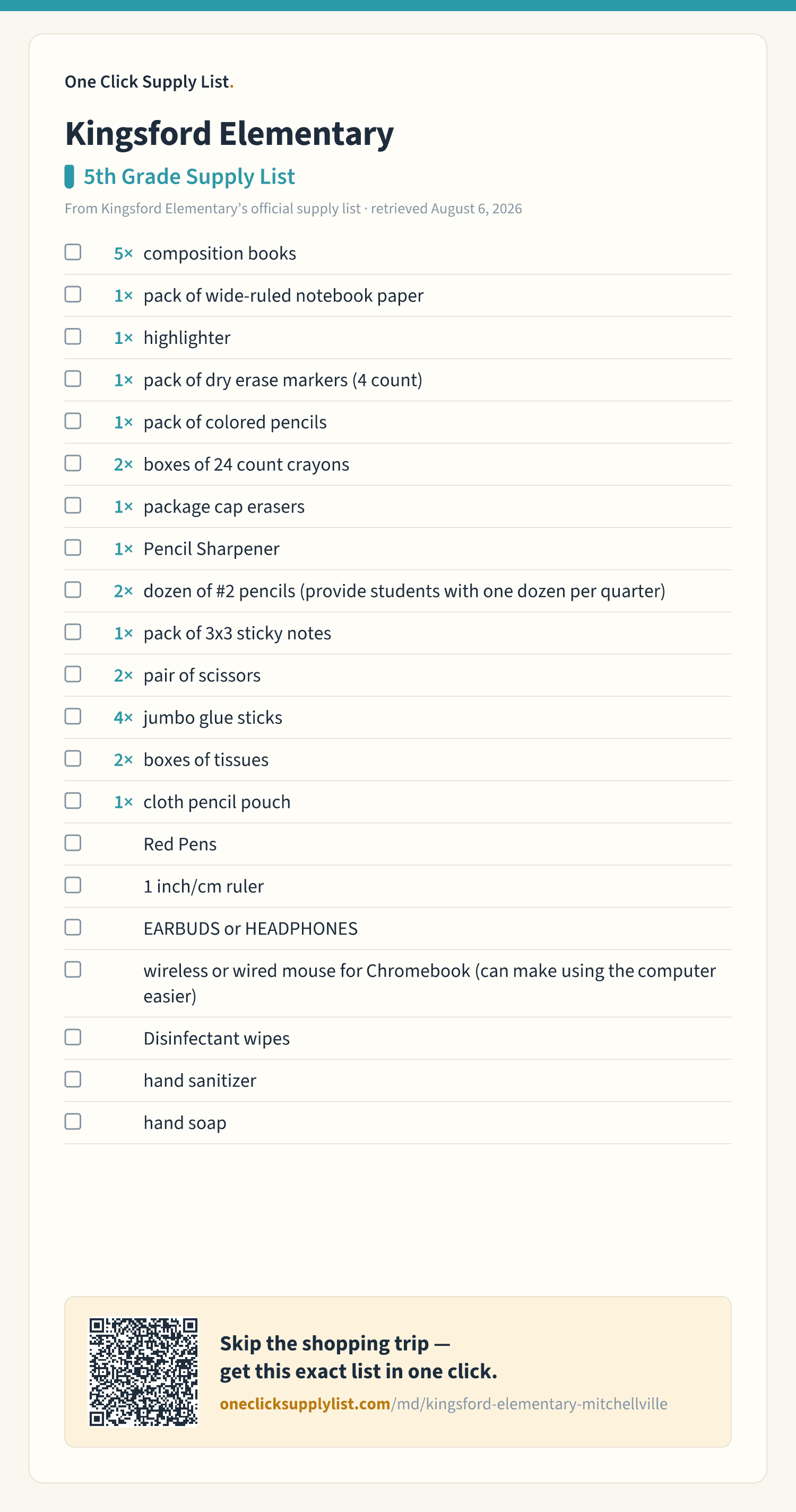 Kingsford Elementary 5th Grade Supply List supply list — printable image