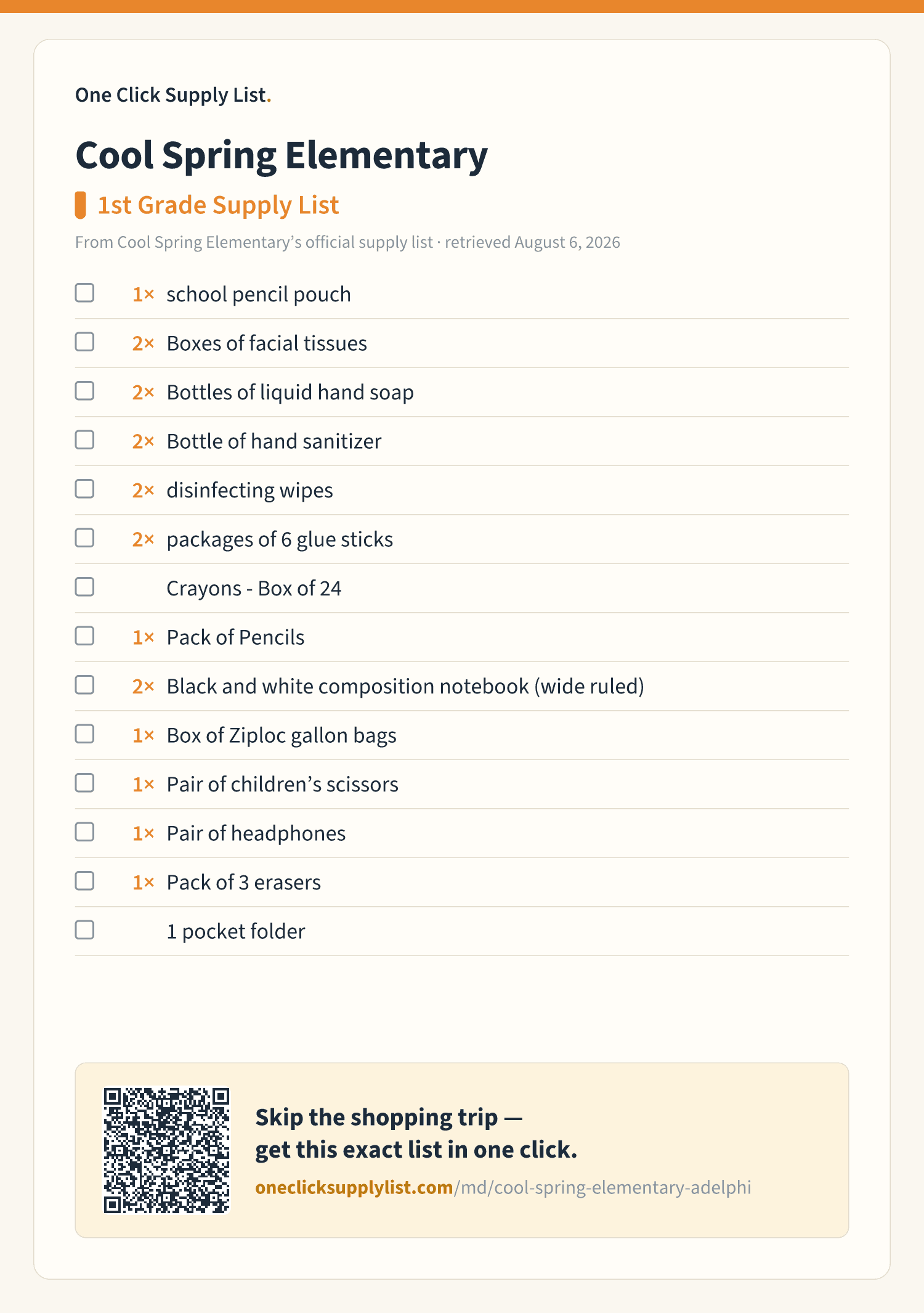 Cool Spring Elementary 1st Grade Supply List supply list — printable image
