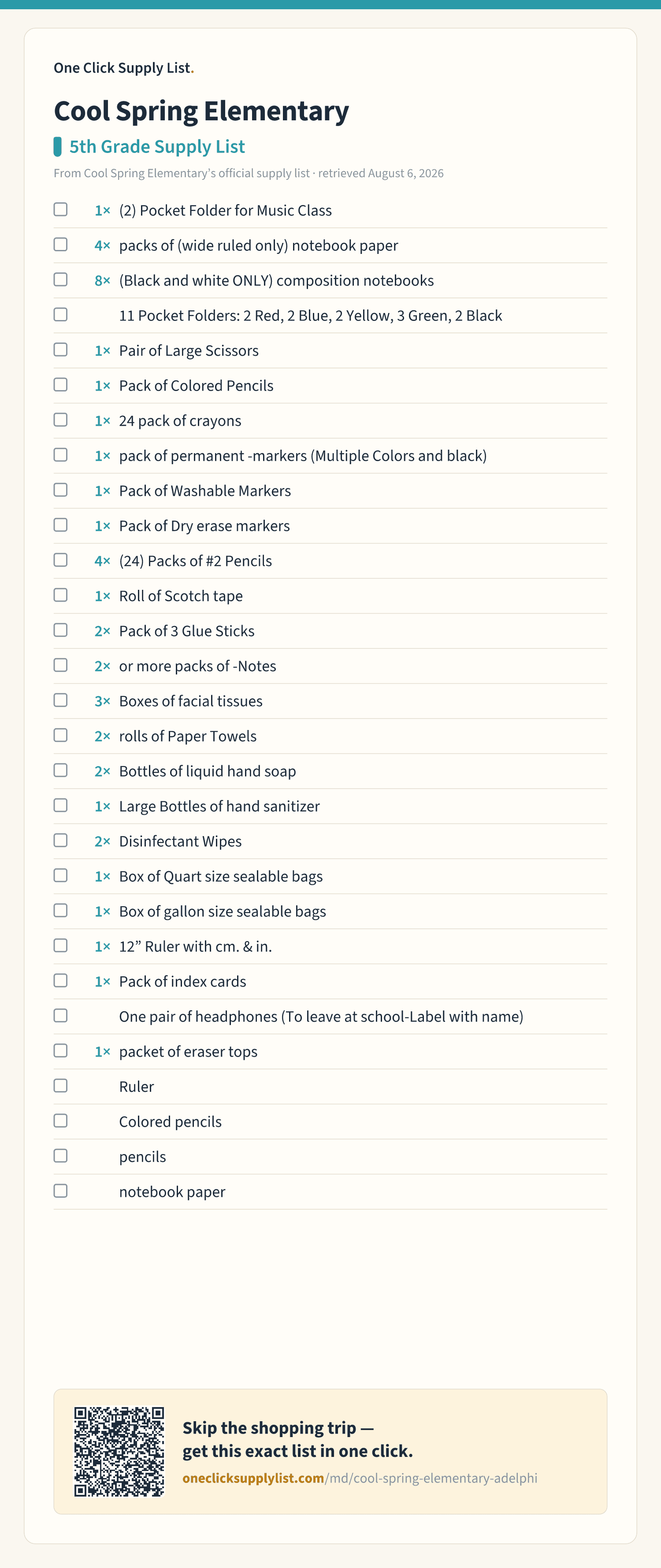 Cool Spring Elementary 5th Grade Supply List supply list — printable image