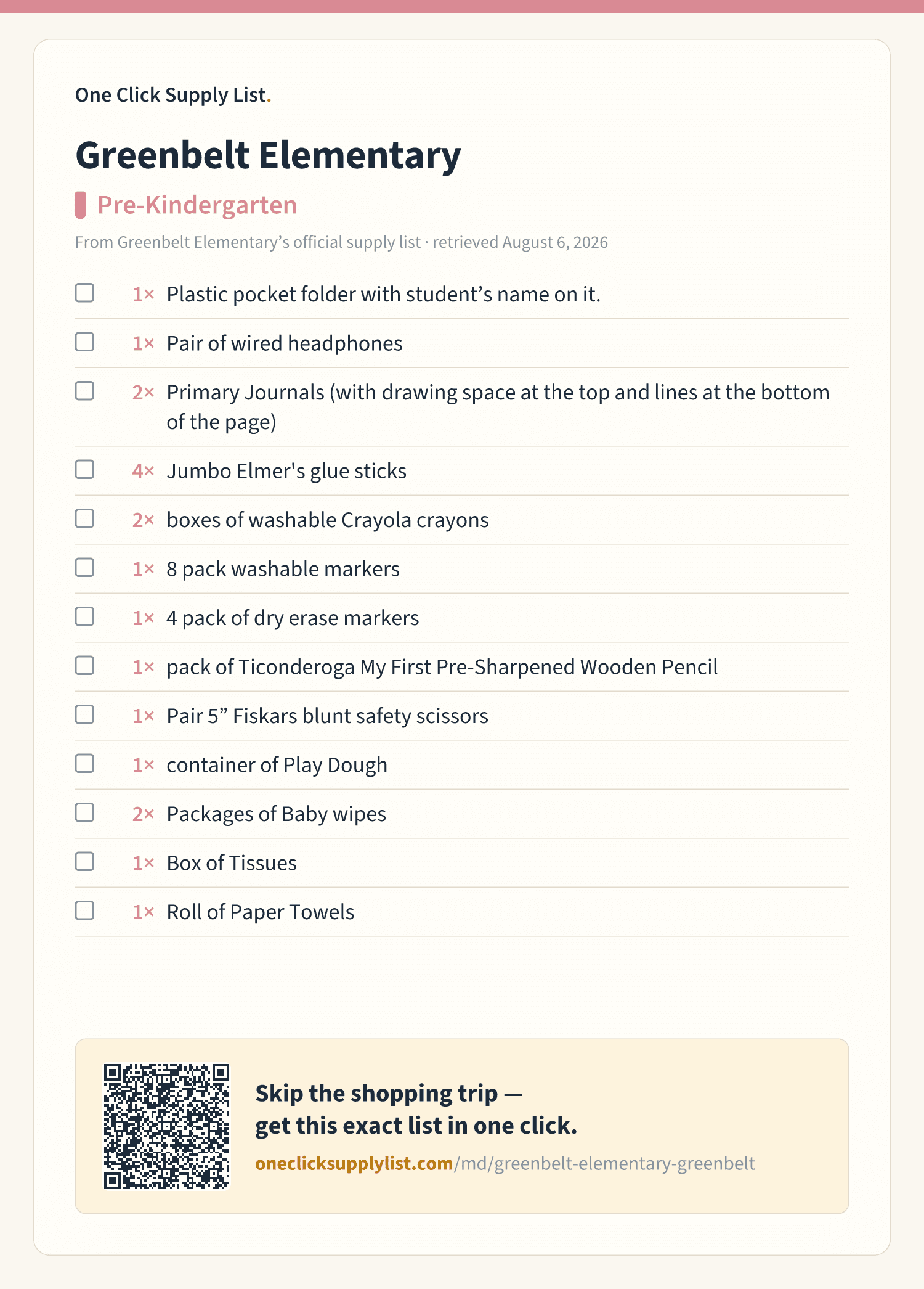 Greenbelt Elementary Pre-Kindergarten supply list — printable image