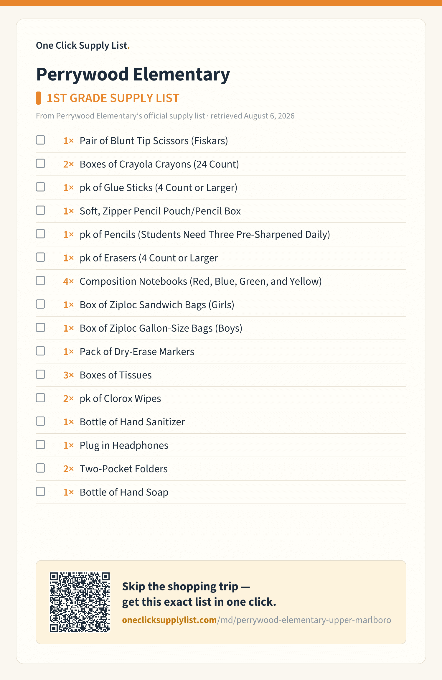 Perrywood Elementary 1ST GRADE SUPPLY LIST supply list — printable image