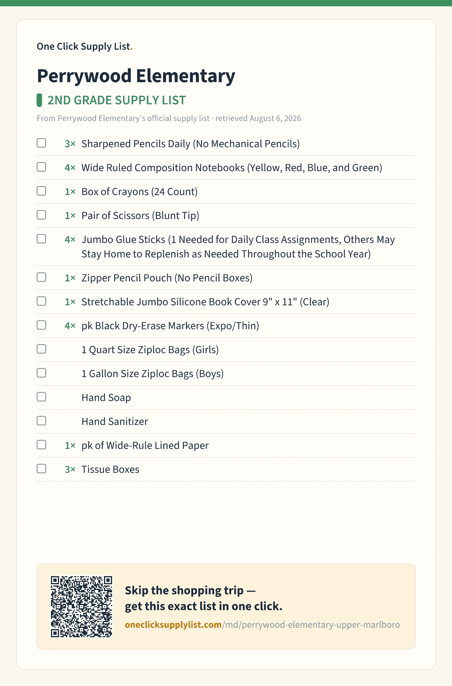 Perrywood Elementary 2ND GRADE SUPPLY LIST supply list — printable image