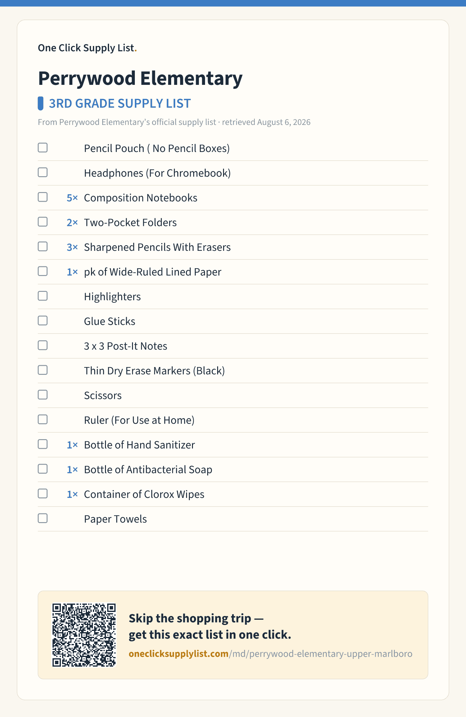 Perrywood Elementary 3RD GRADE SUPPLY LIST supply list — printable image