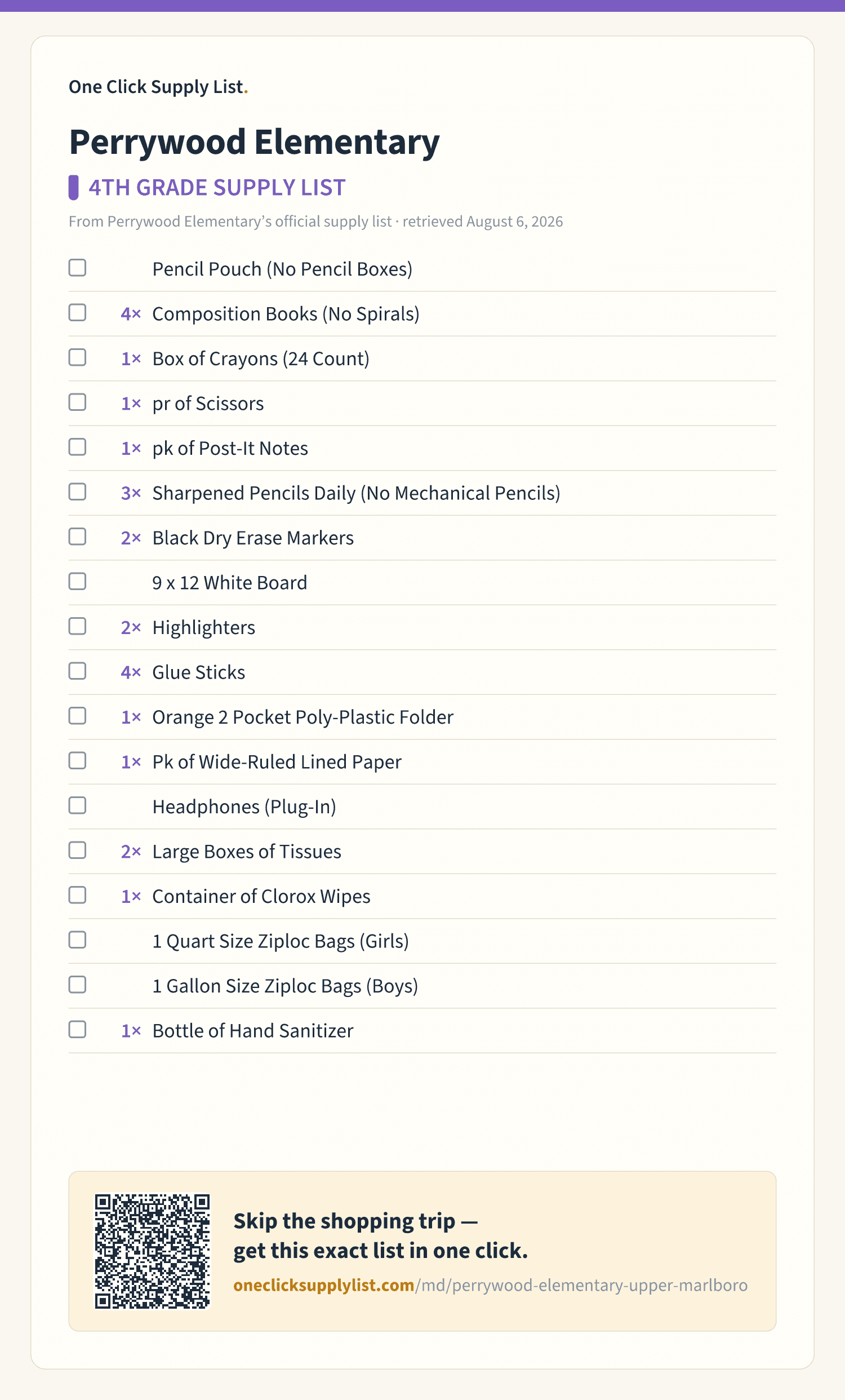 Perrywood Elementary 4TH GRADE SUPPLY LIST supply list — printable image