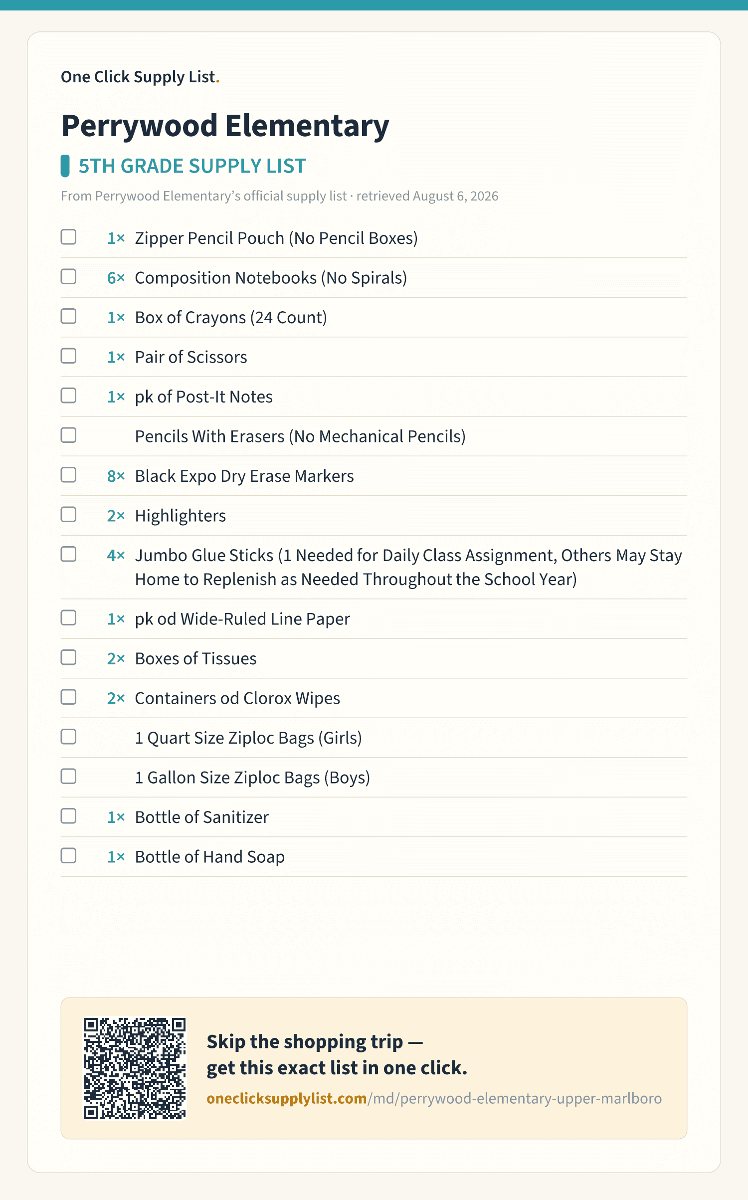 Perrywood Elementary 5TH GRADE SUPPLY LIST supply list — printable image