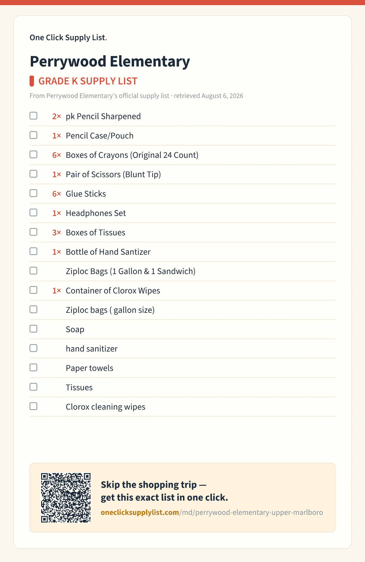 Perrywood Elementary GRADE K SUPPLY LIST supply list — printable image