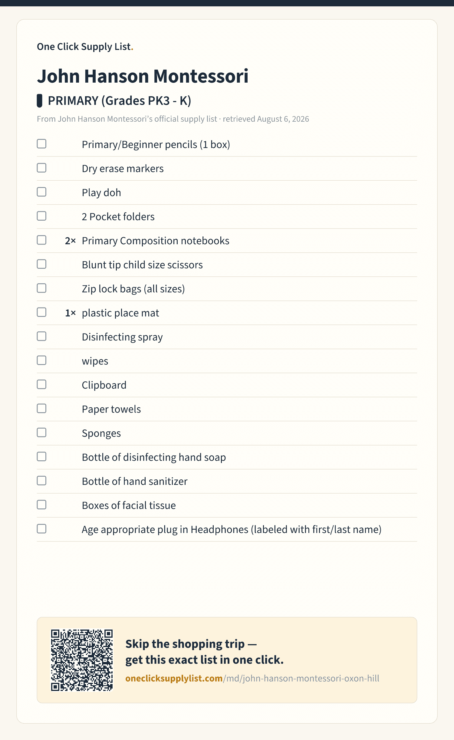John Hanson Montessori PRIMARY (Grades PK3 - K) supply list — printable image