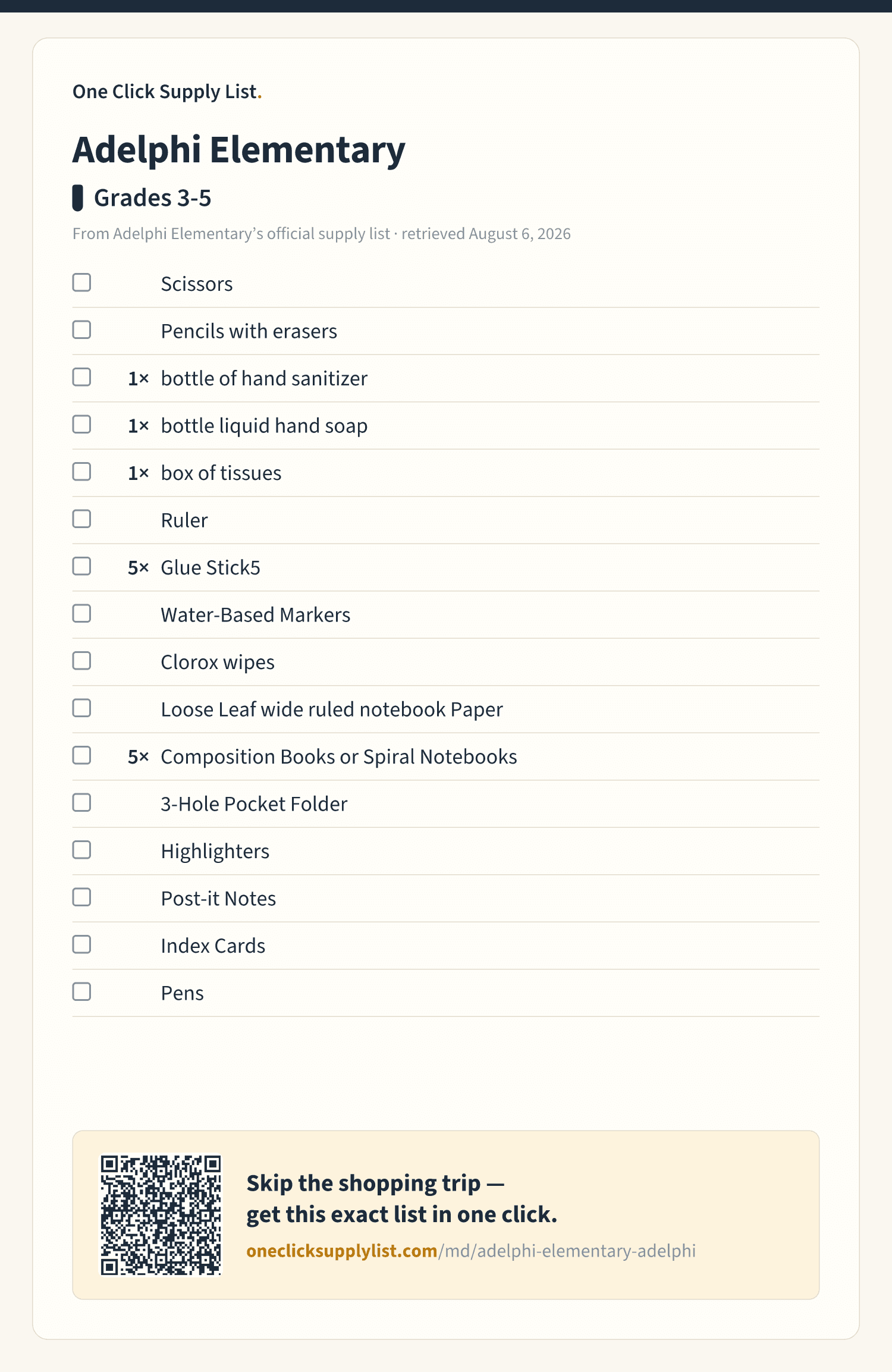 Adelphi Elementary Grades 3-5 supply list — printable image