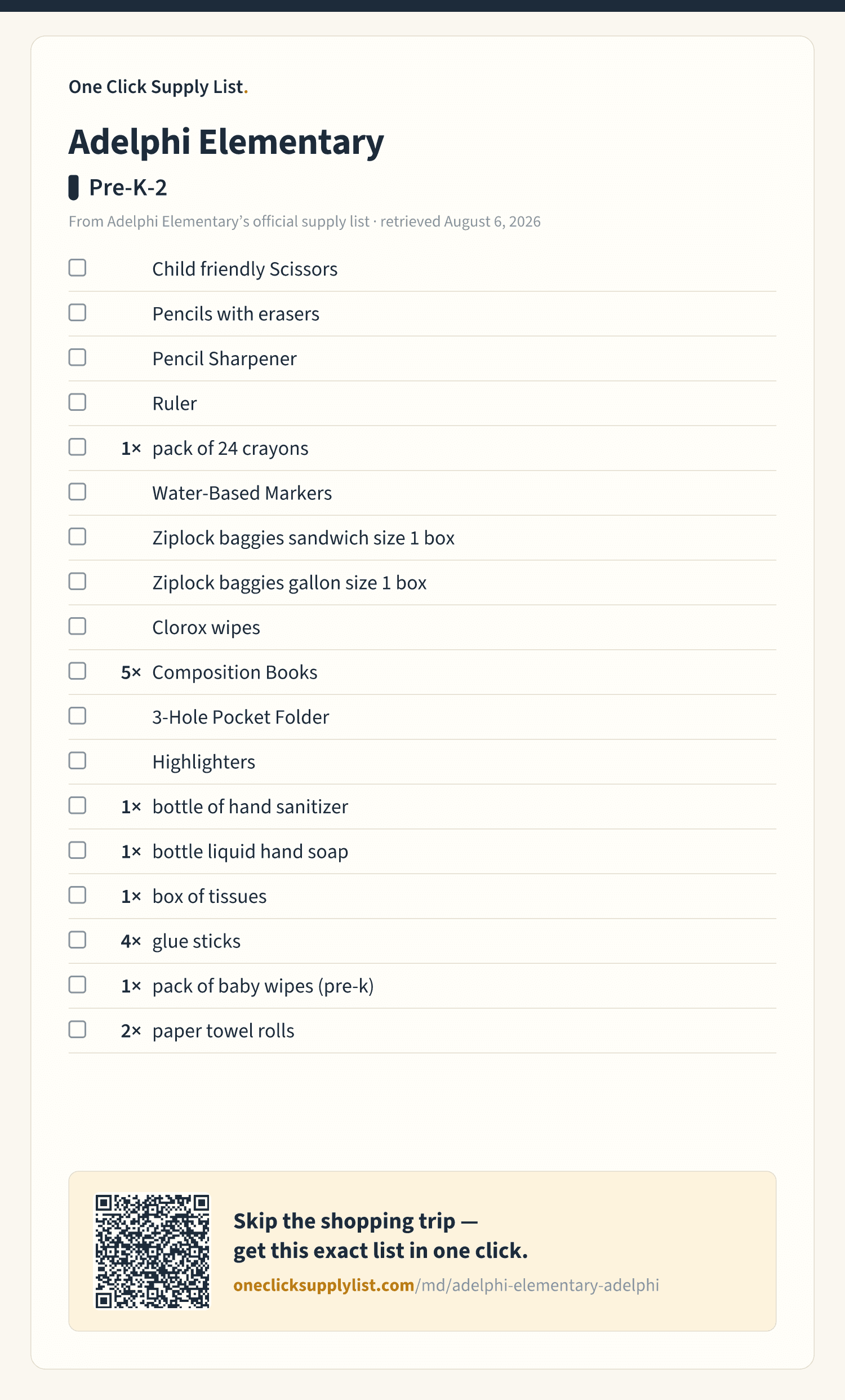 Adelphi Elementary Pre-K-2 supply list — printable image