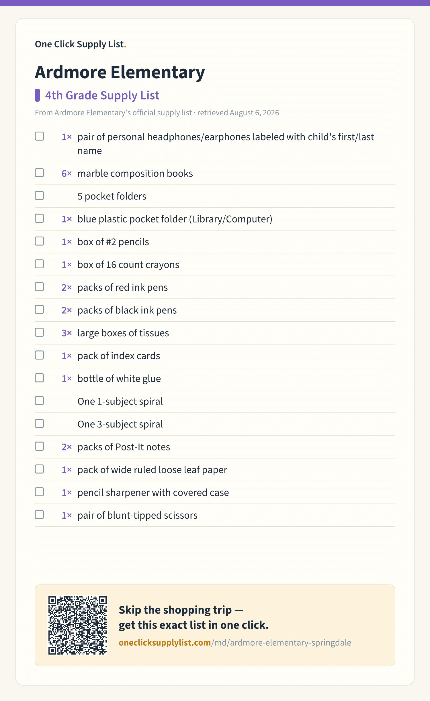 Ardmore Elementary 4th Grade Supply List supply list — printable image