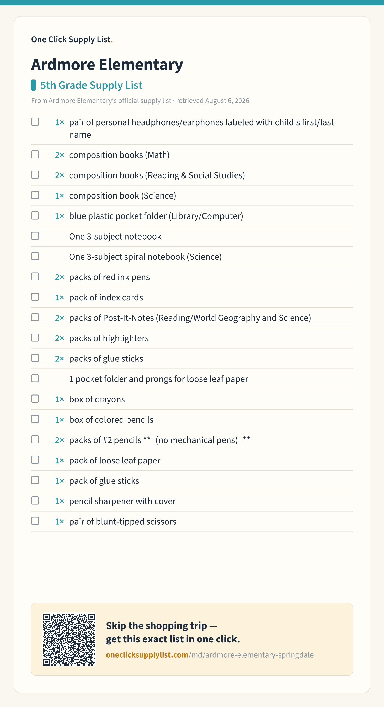 Ardmore Elementary 5th Grade Supply List supply list — printable image