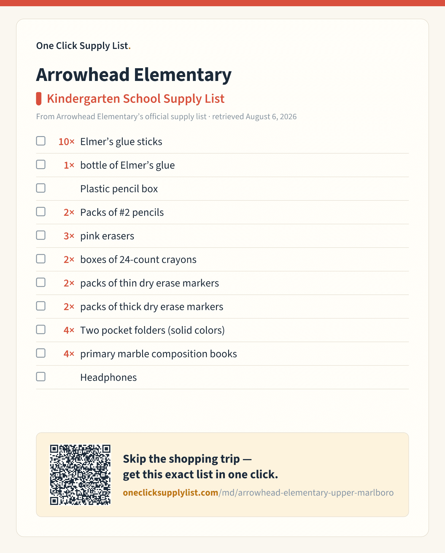 Arrowhead Elementary Kindergarten School Supply List supply list — printable image