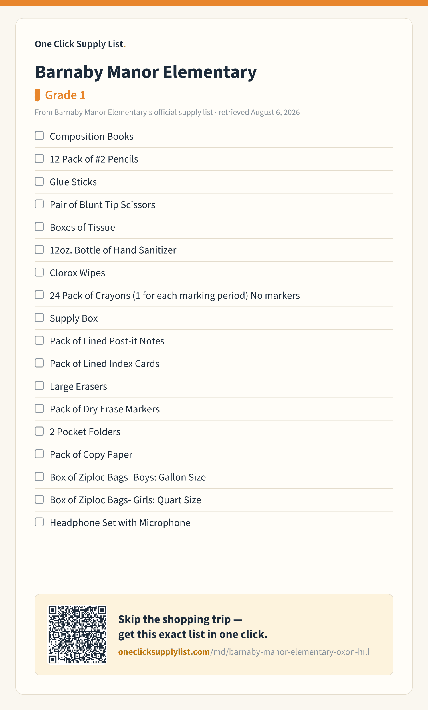 Barnaby Manor Elementary Grade 1 supply list — printable image