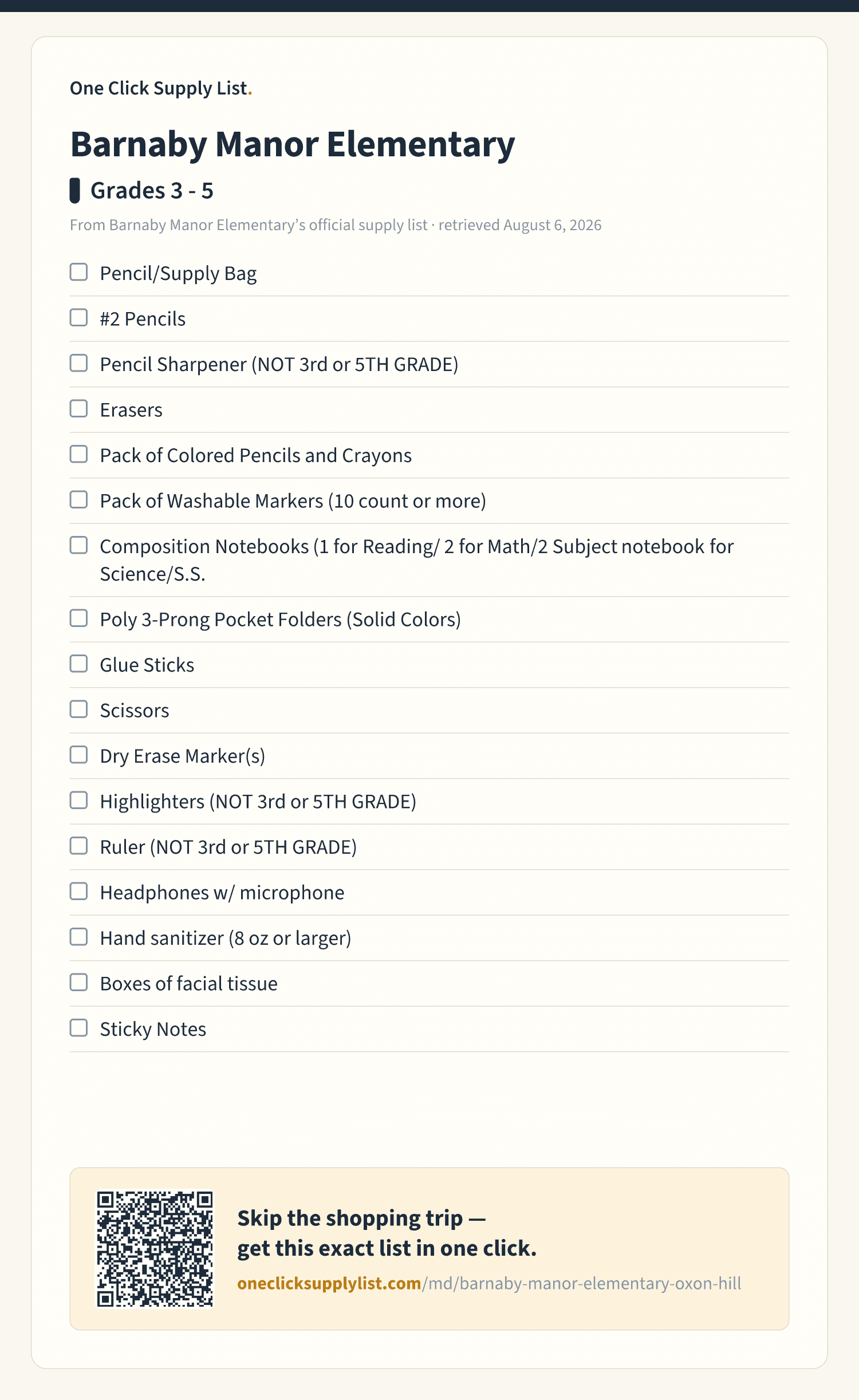 Barnaby Manor Elementary Grades 3 - 5 supply list — printable image