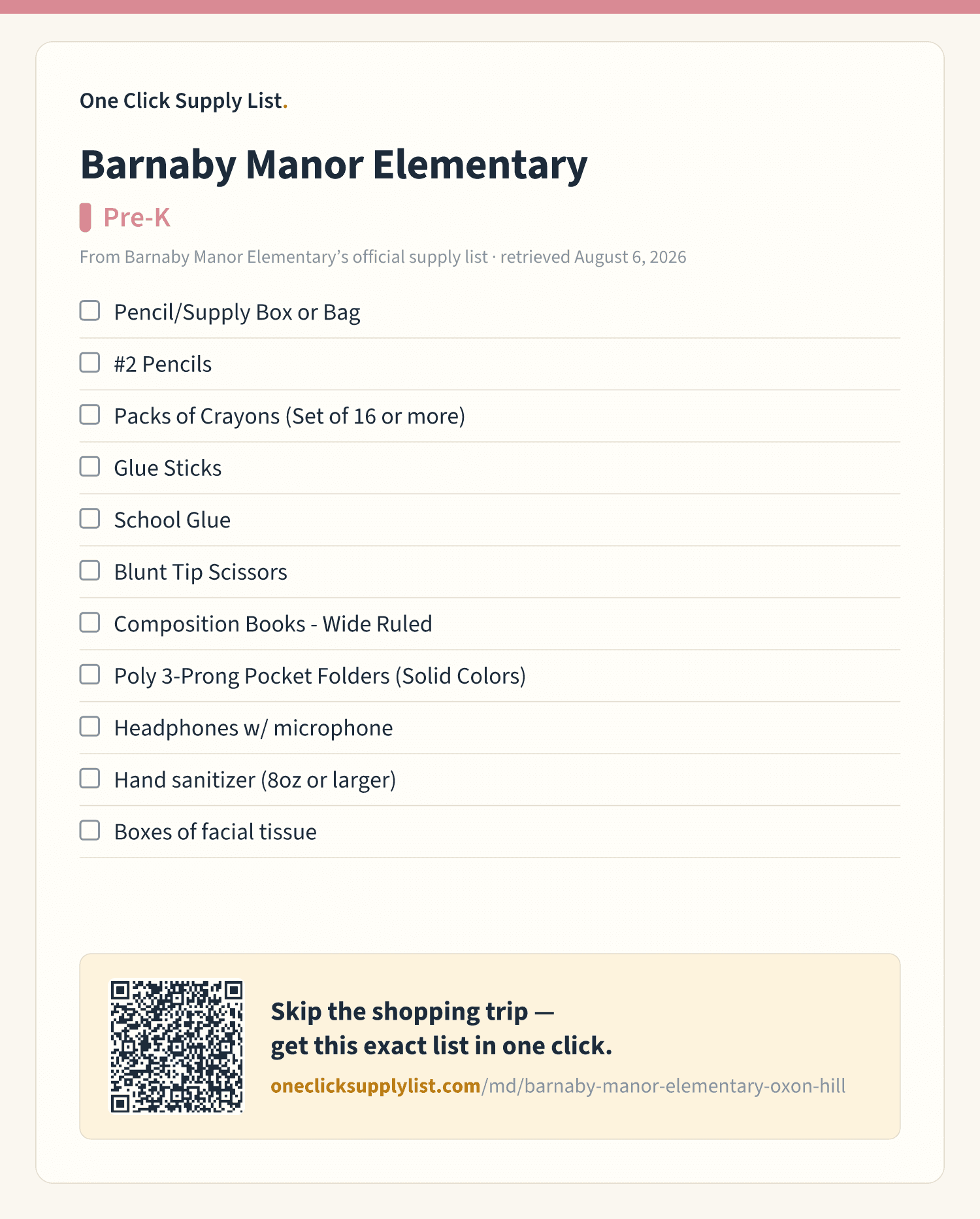 Barnaby Manor Elementary Pre-K supply list — printable image