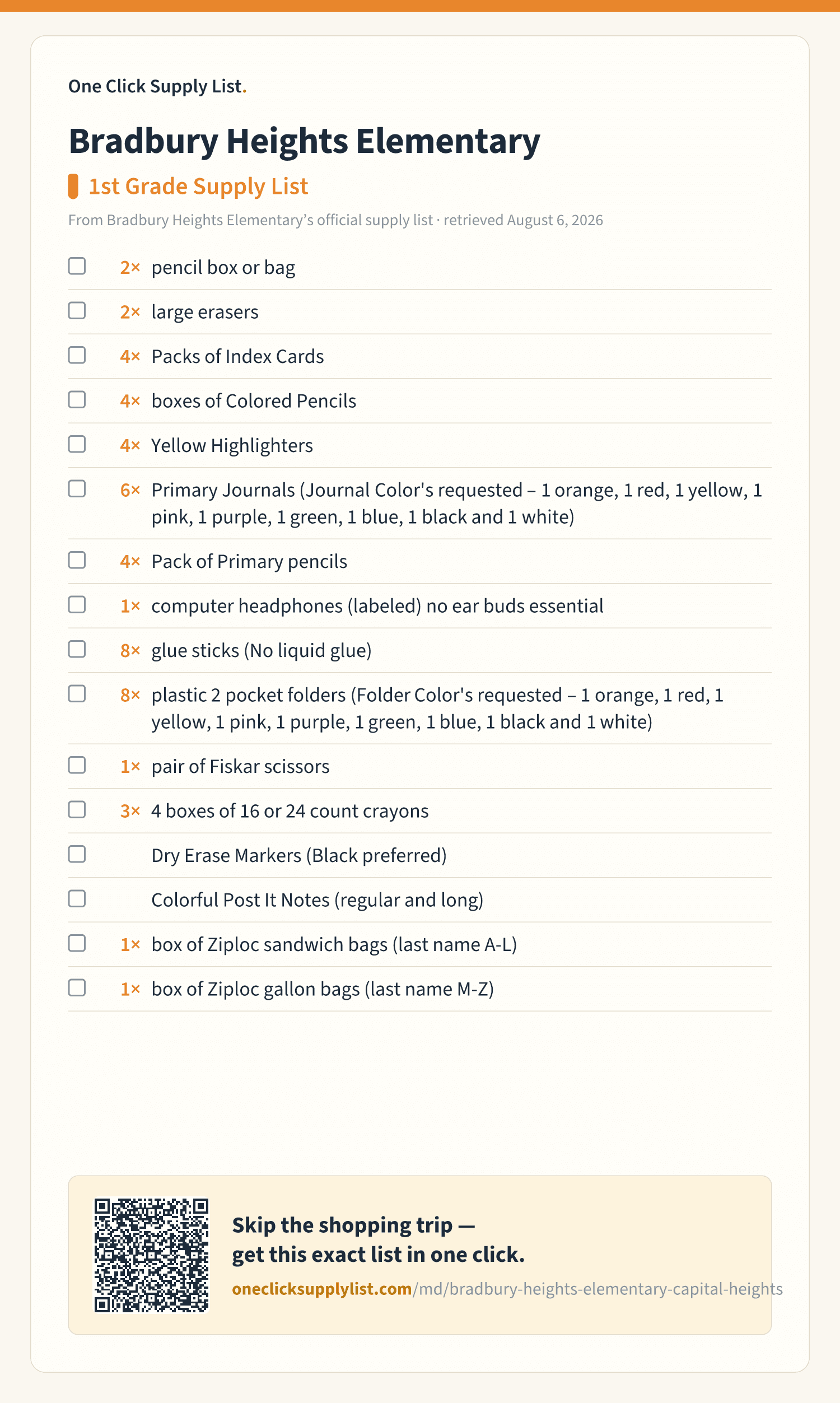 Bradbury Heights Elementary 1st Grade Supply List supply list — printable image