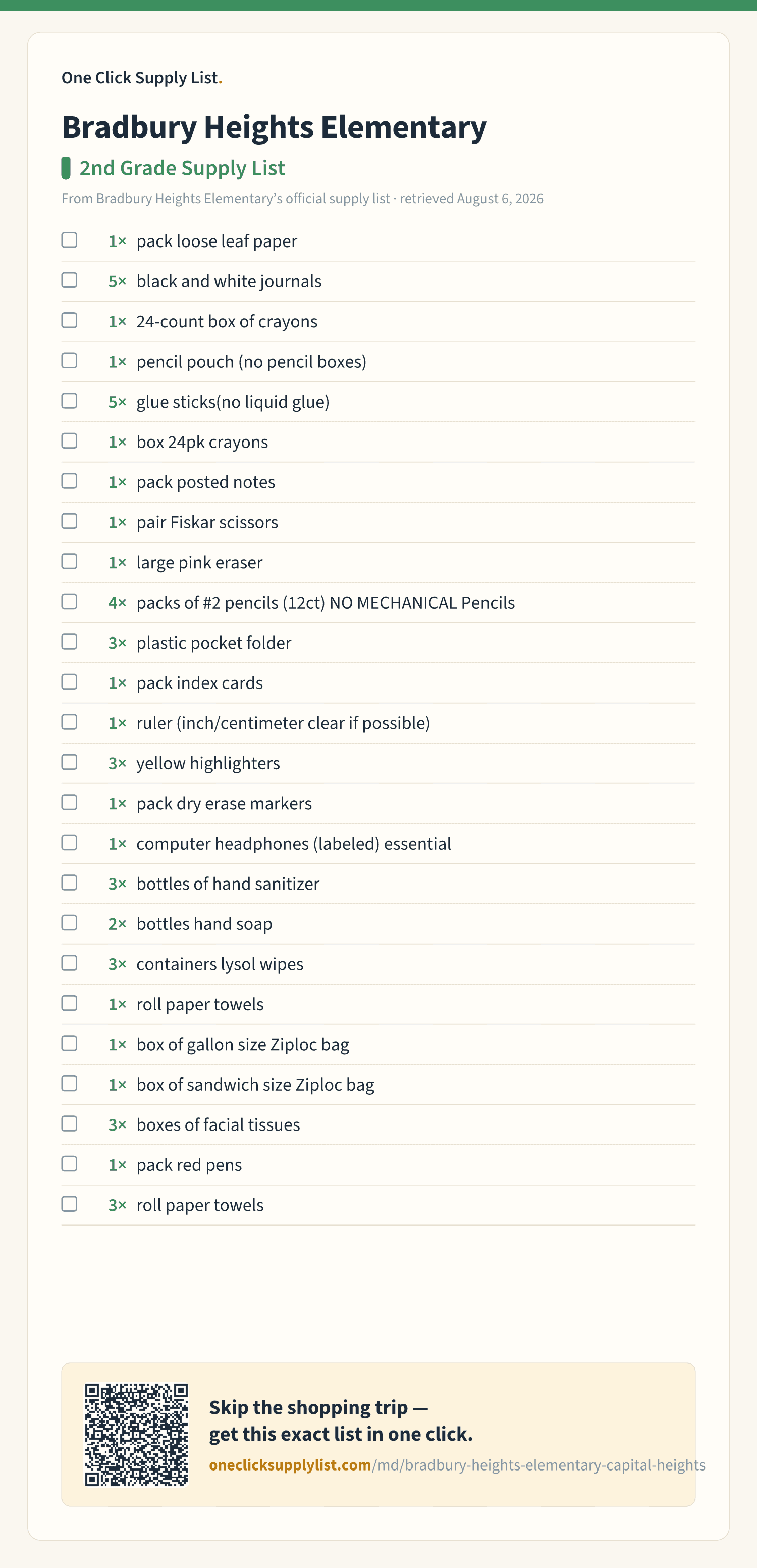 Bradbury Heights Elementary 2nd Grade Supply List supply list — printable image