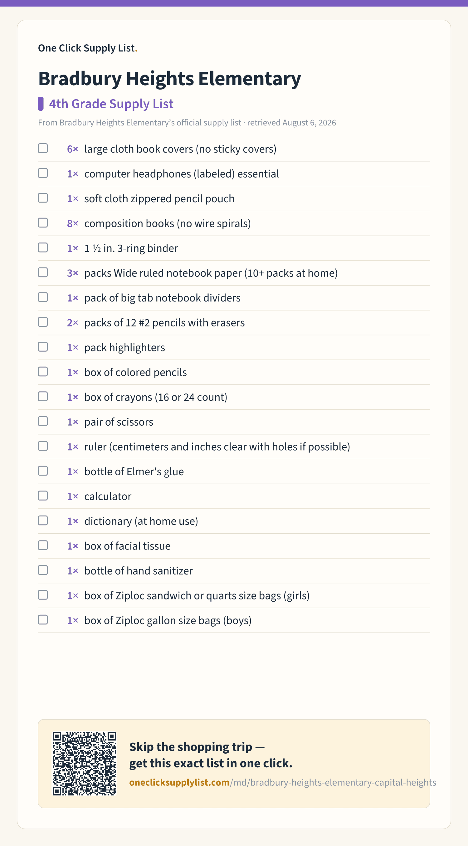 Bradbury Heights Elementary 4th Grade Supply List supply list — printable image