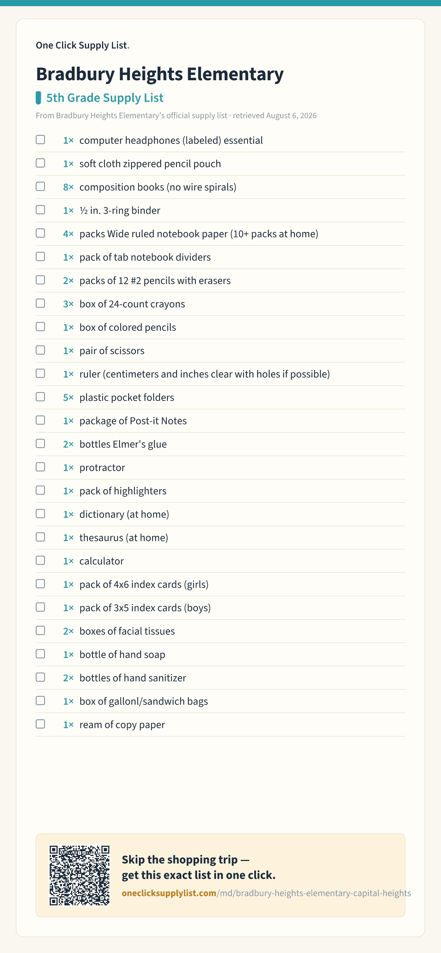 Bradbury Heights Elementary 5th Grade Supply List supply list — printable image