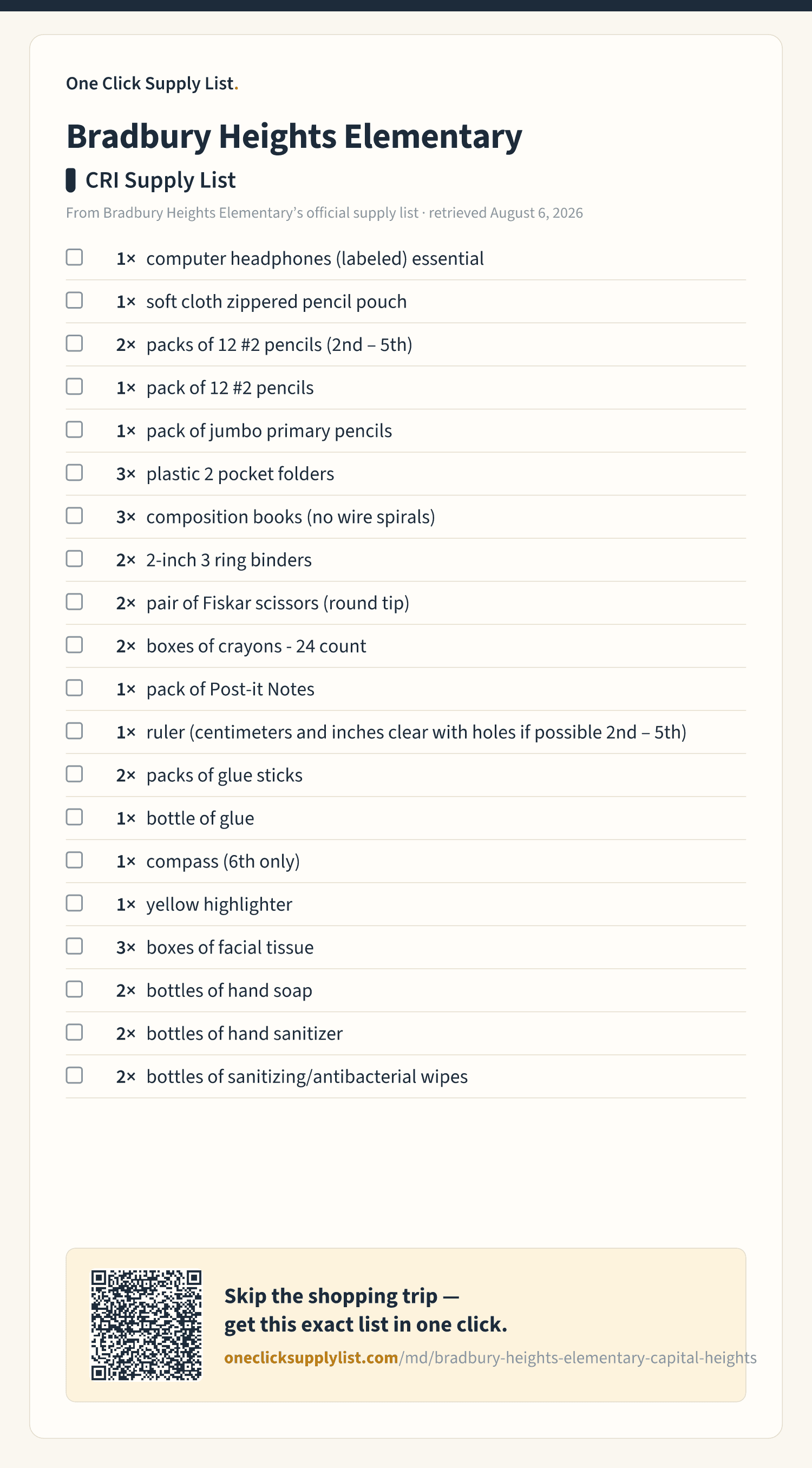 Bradbury Heights Elementary CRI Supply List supply list — printable image