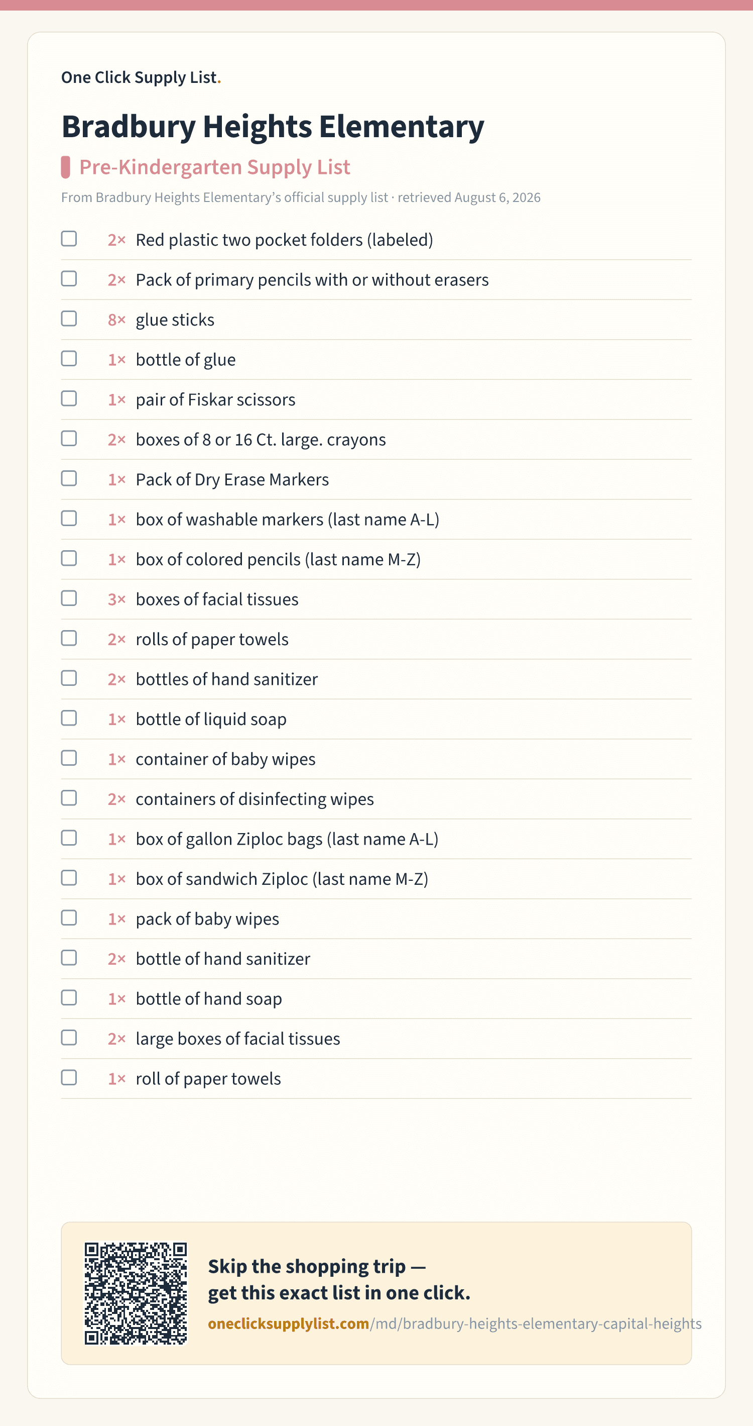 Bradbury Heights Elementary Pre-Kindergarten Supply List supply list — printable image