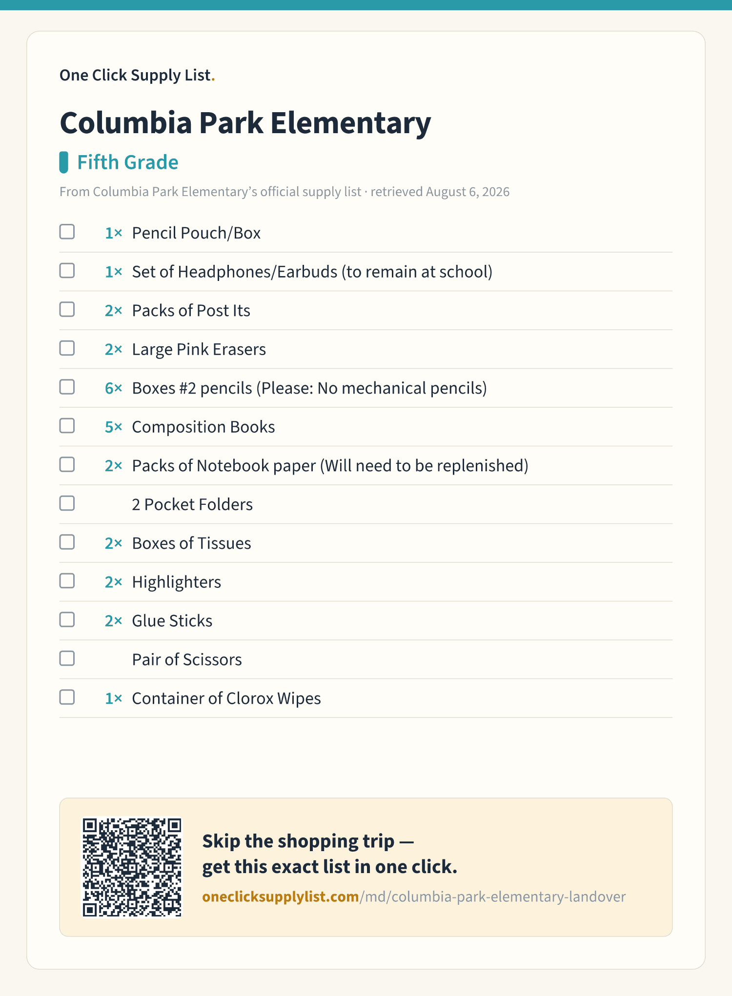 Columbia Park Elementary Fifth Grade supply list — printable image