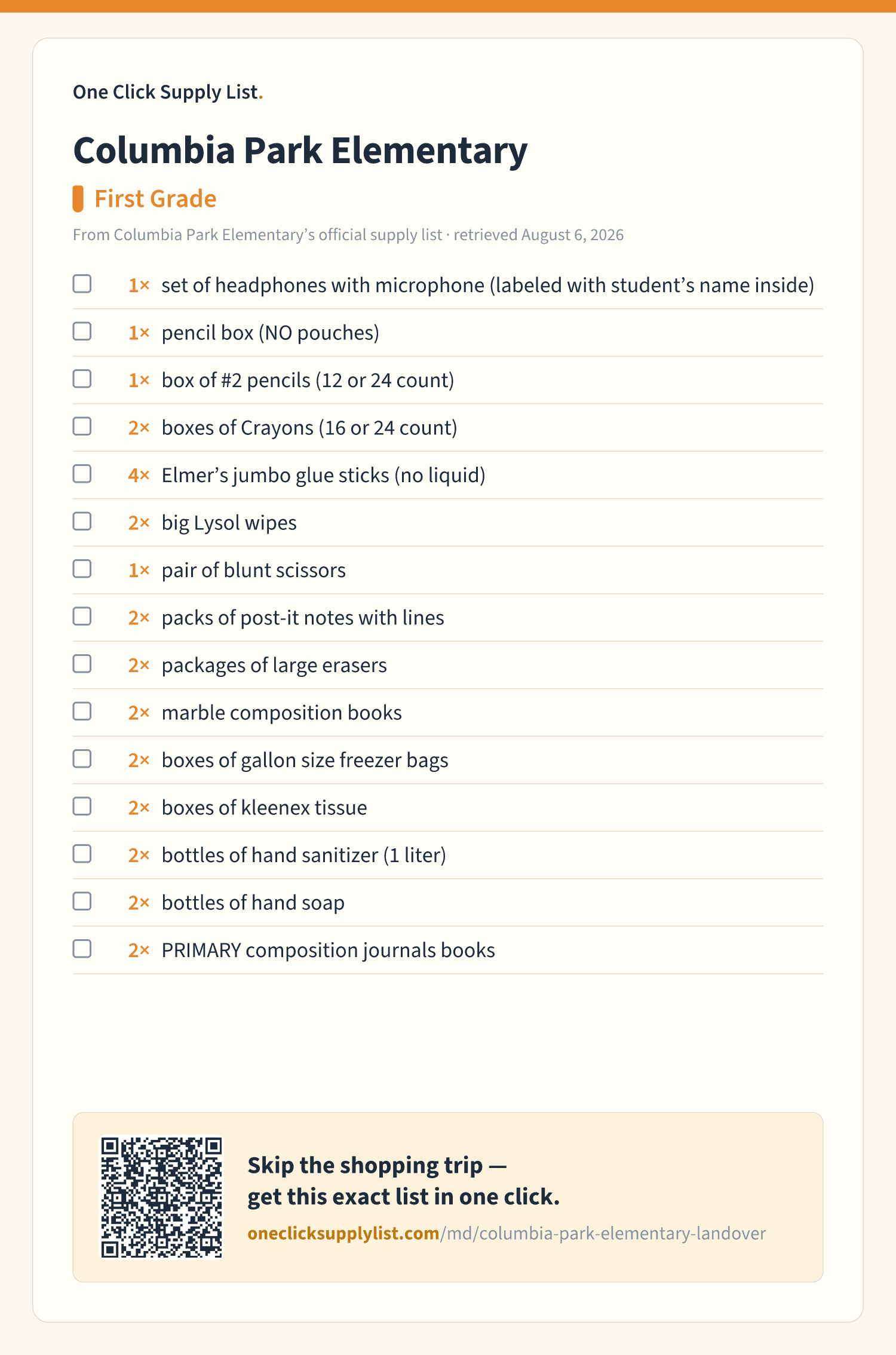 Columbia Park Elementary First Grade supply list — printable image