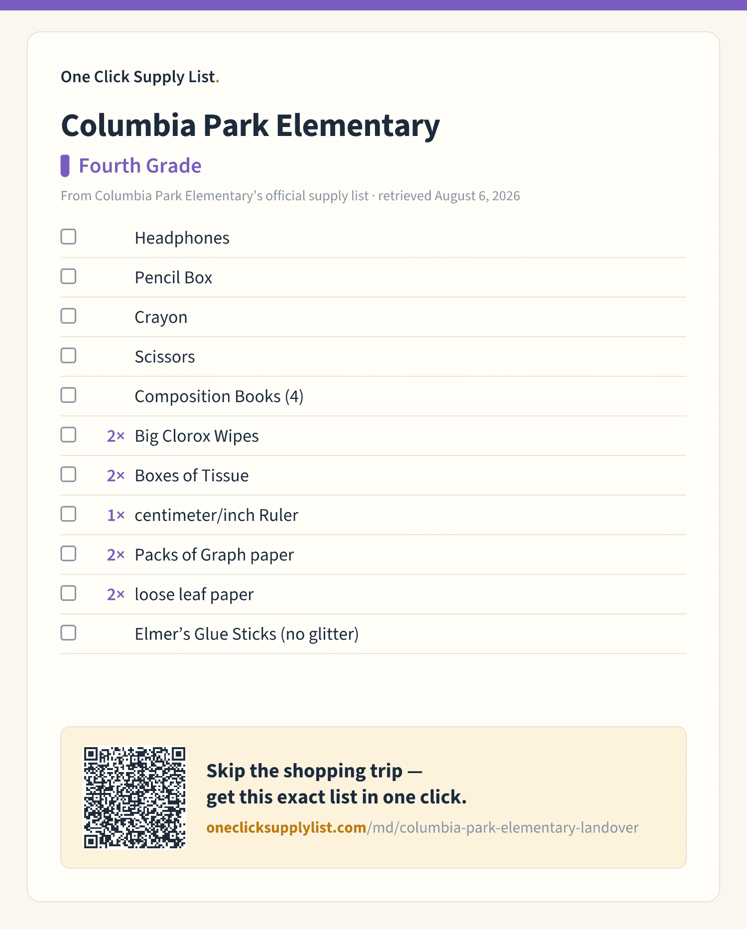 Columbia Park Elementary Fourth Grade supply list — printable image