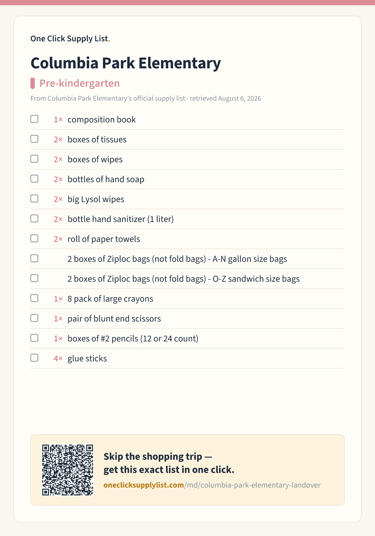 Columbia Park Elementary Pre-kindergarten supply list — printable image