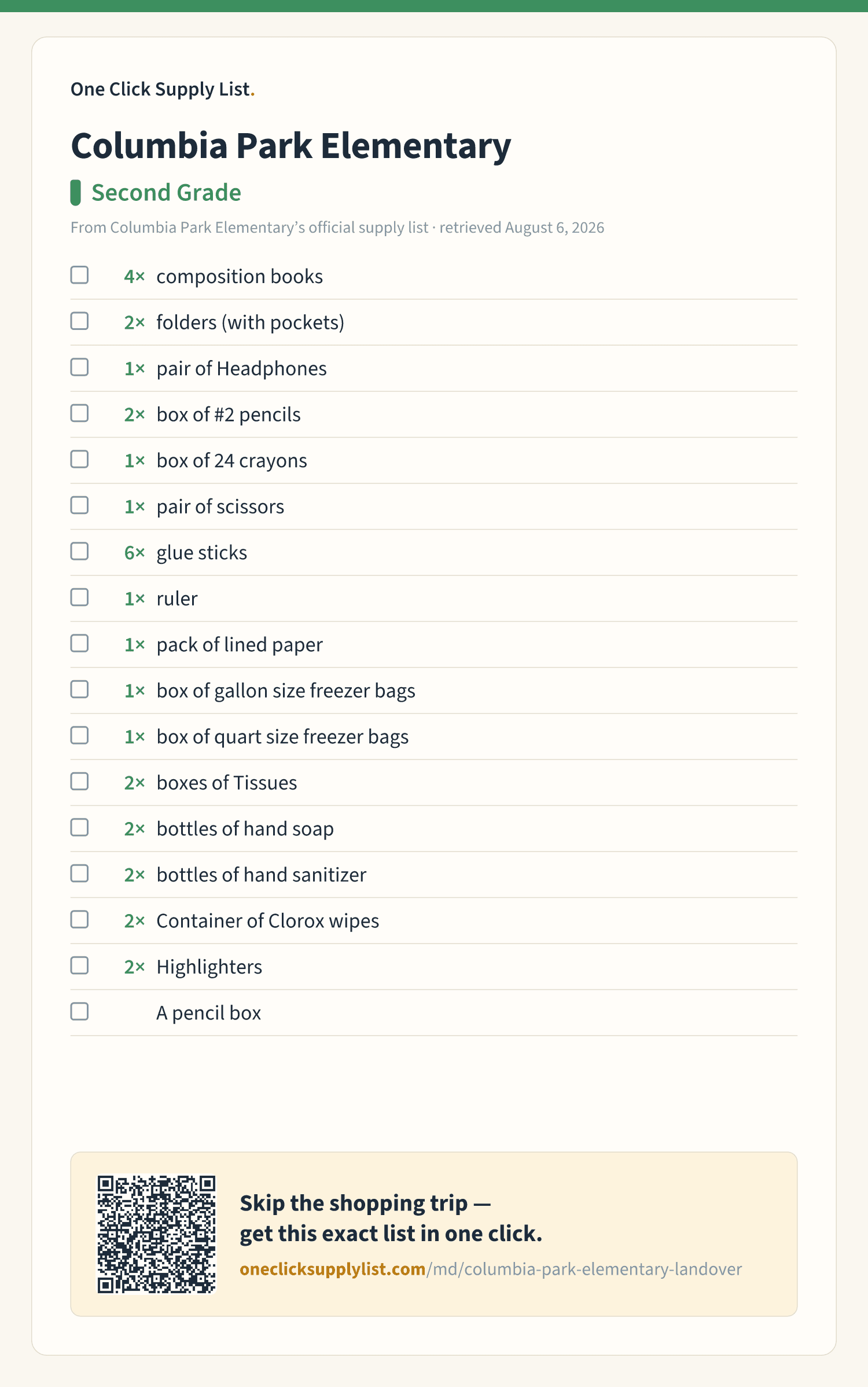 Columbia Park Elementary Second Grade supply list — printable image