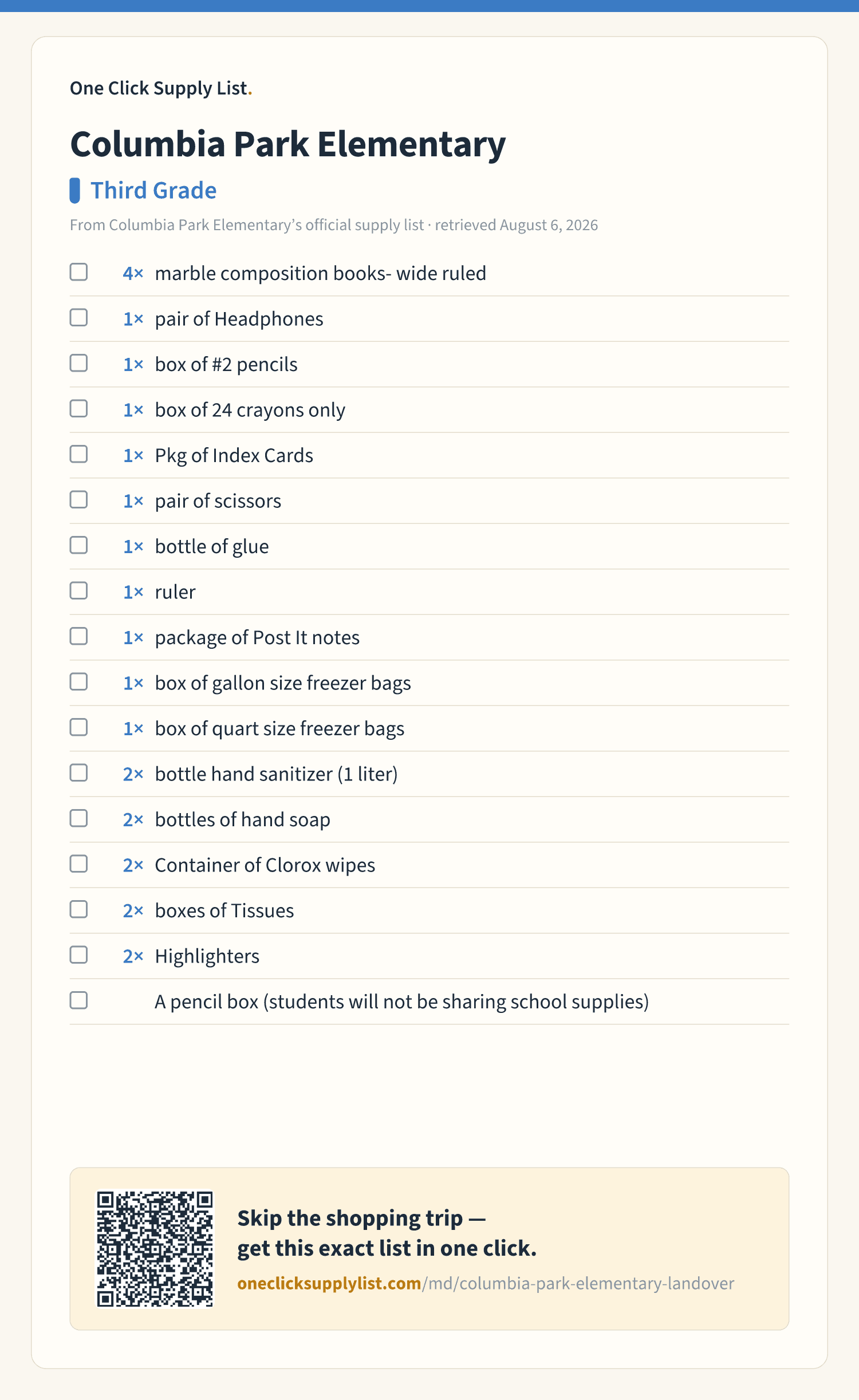 Columbia Park Elementary Third Grade supply list — printable image