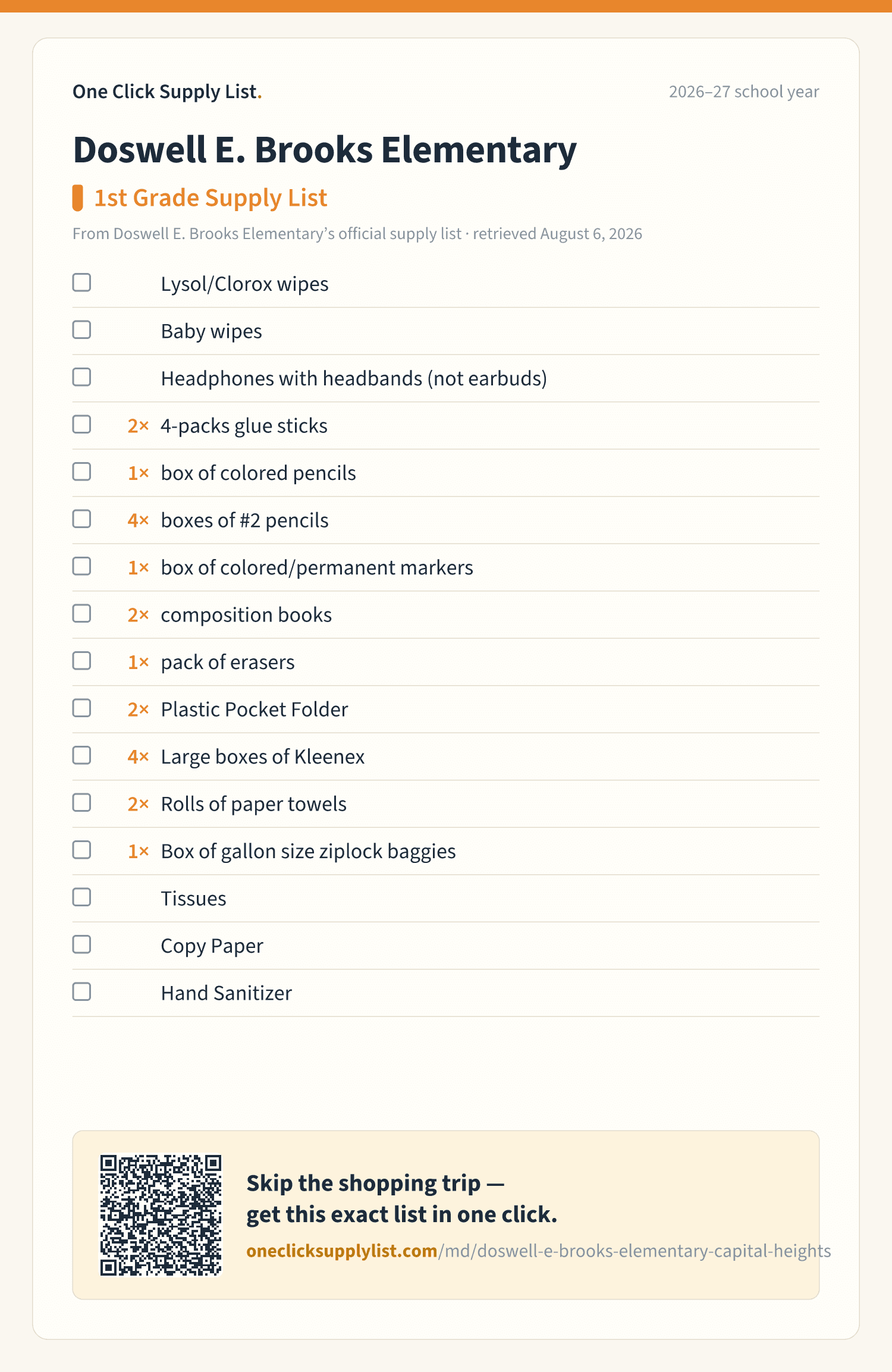 Doswell E. Brooks Elementary 1st Grade Supply List supply list — printable image