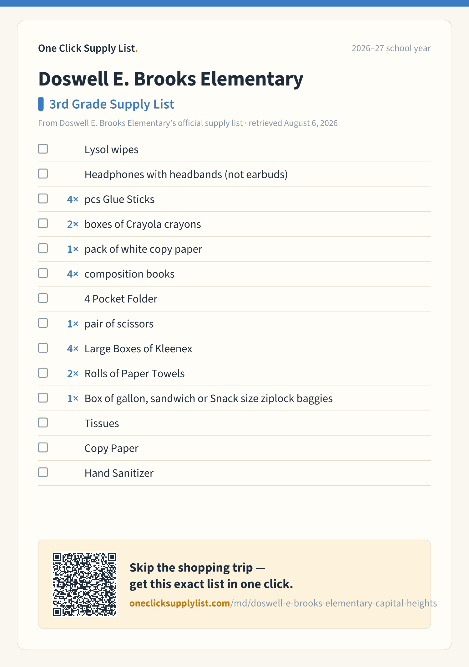 Doswell E. Brooks Elementary 3rd Grade Supply List supply list — printable image