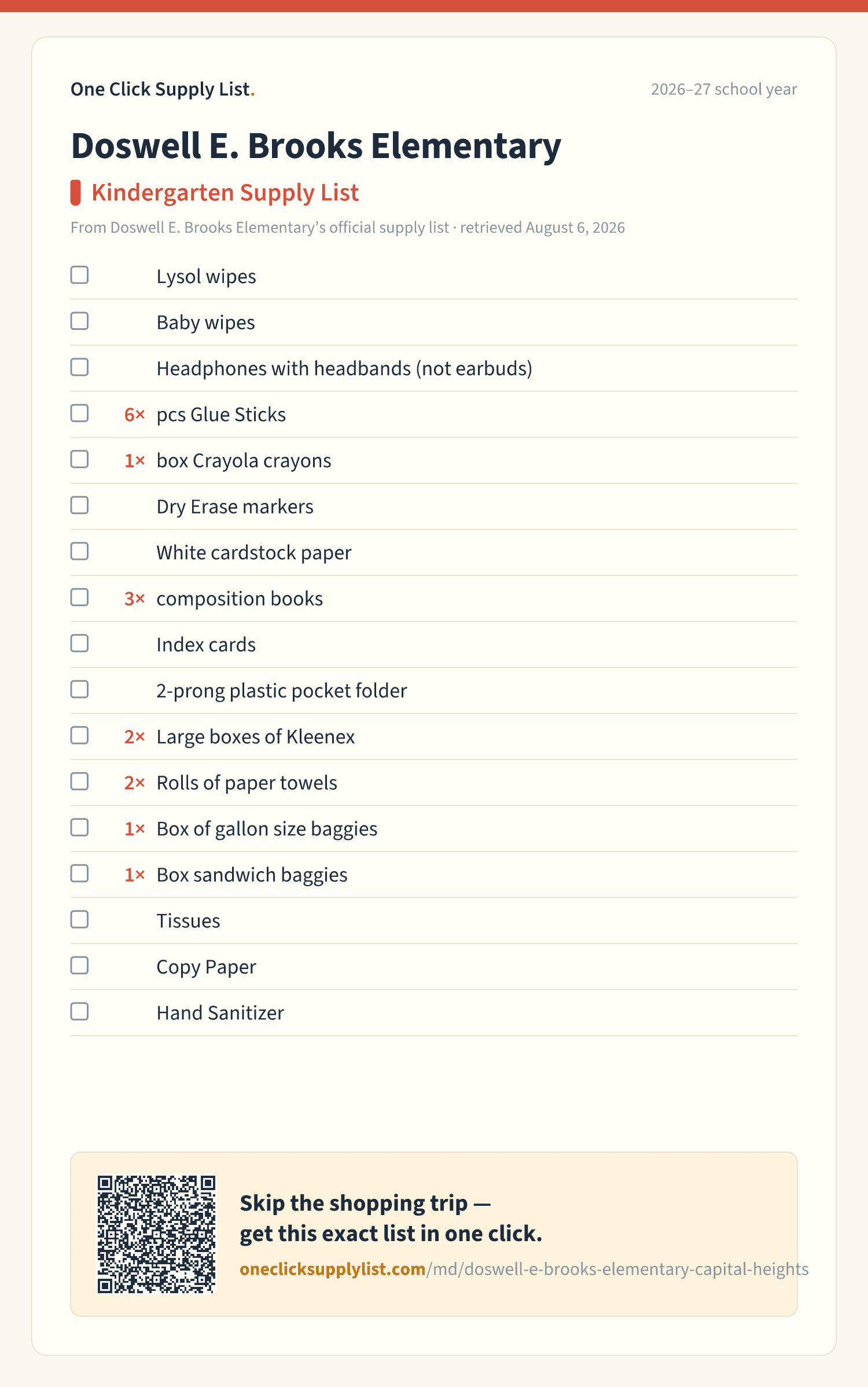 Doswell E. Brooks Elementary Kindergarten Supply List supply list — printable image