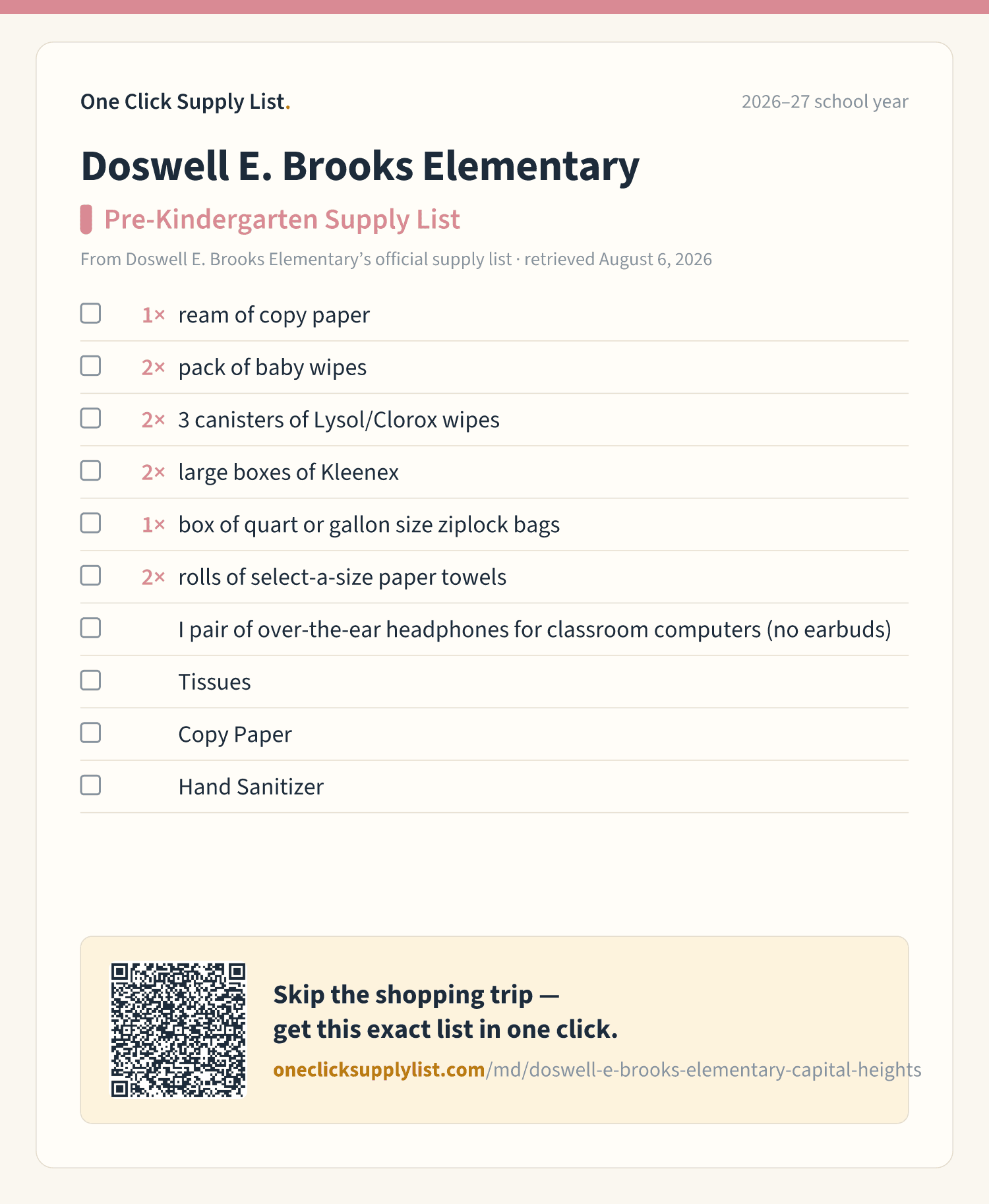 Doswell E. Brooks Elementary Pre-Kindergarten Supply List supply list — printable image