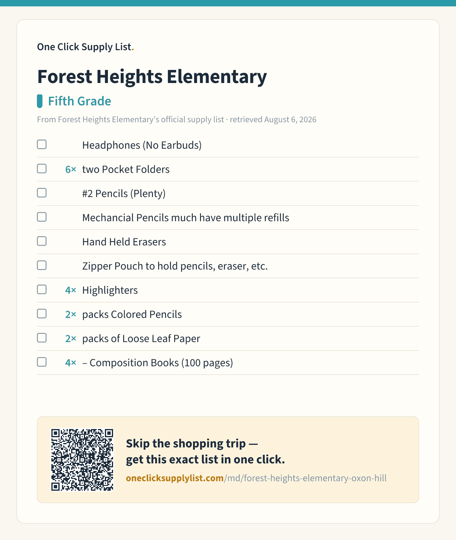 Forest Heights Elementary Fifth Grade supply list — printable image