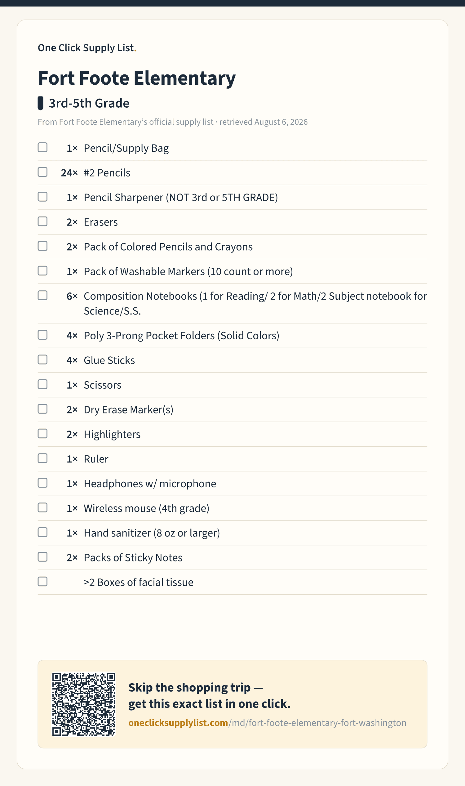 Fort Foote Elementary 3rd-5th Grade supply list — printable image