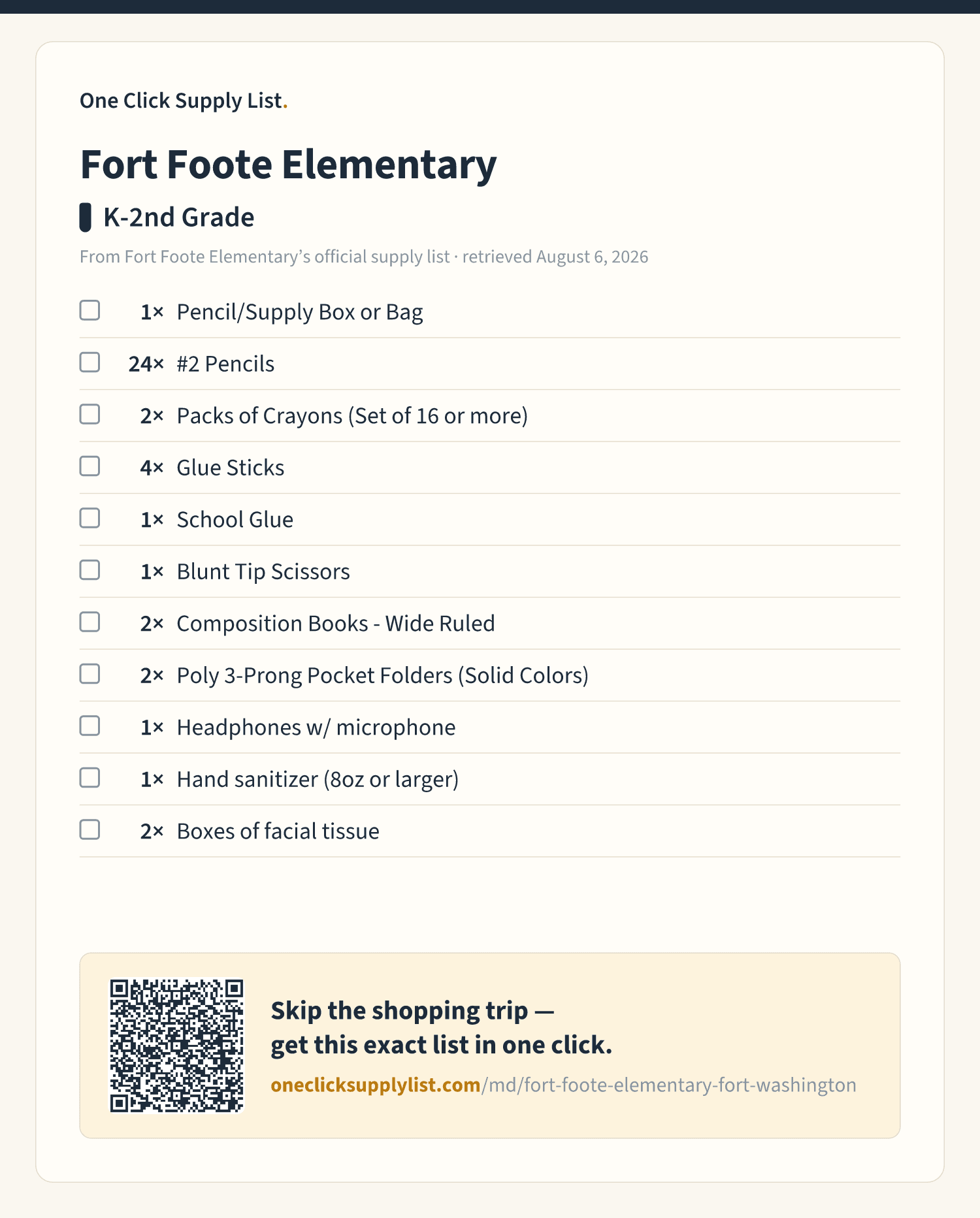 Fort Foote Elementary K-2nd Grade supply list — printable image