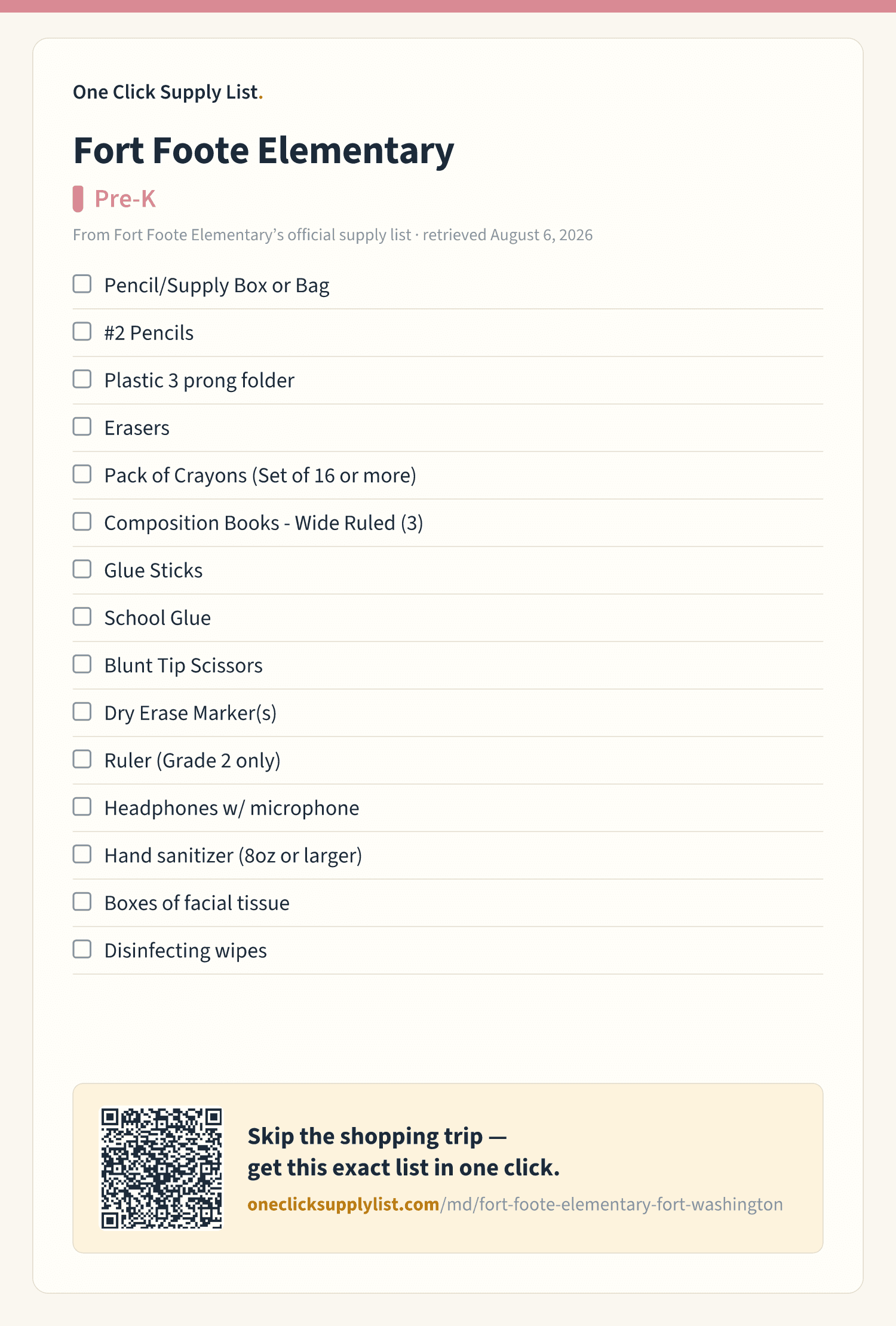 Fort Foote Elementary Pre-K supply list — printable image